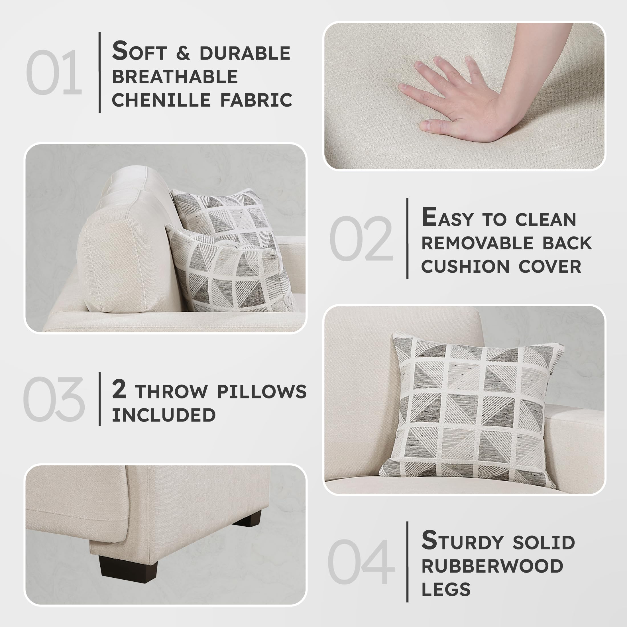 Lexicon 68" W Modern Living Room Loveseat - Chenille Love Seat with 2 Pillows, Wide Track Arms, Reversible Back Cushions, Solid Wood Legs, for Bedroom/Apartment/Office, Easy Assembly, Beige - Image 3