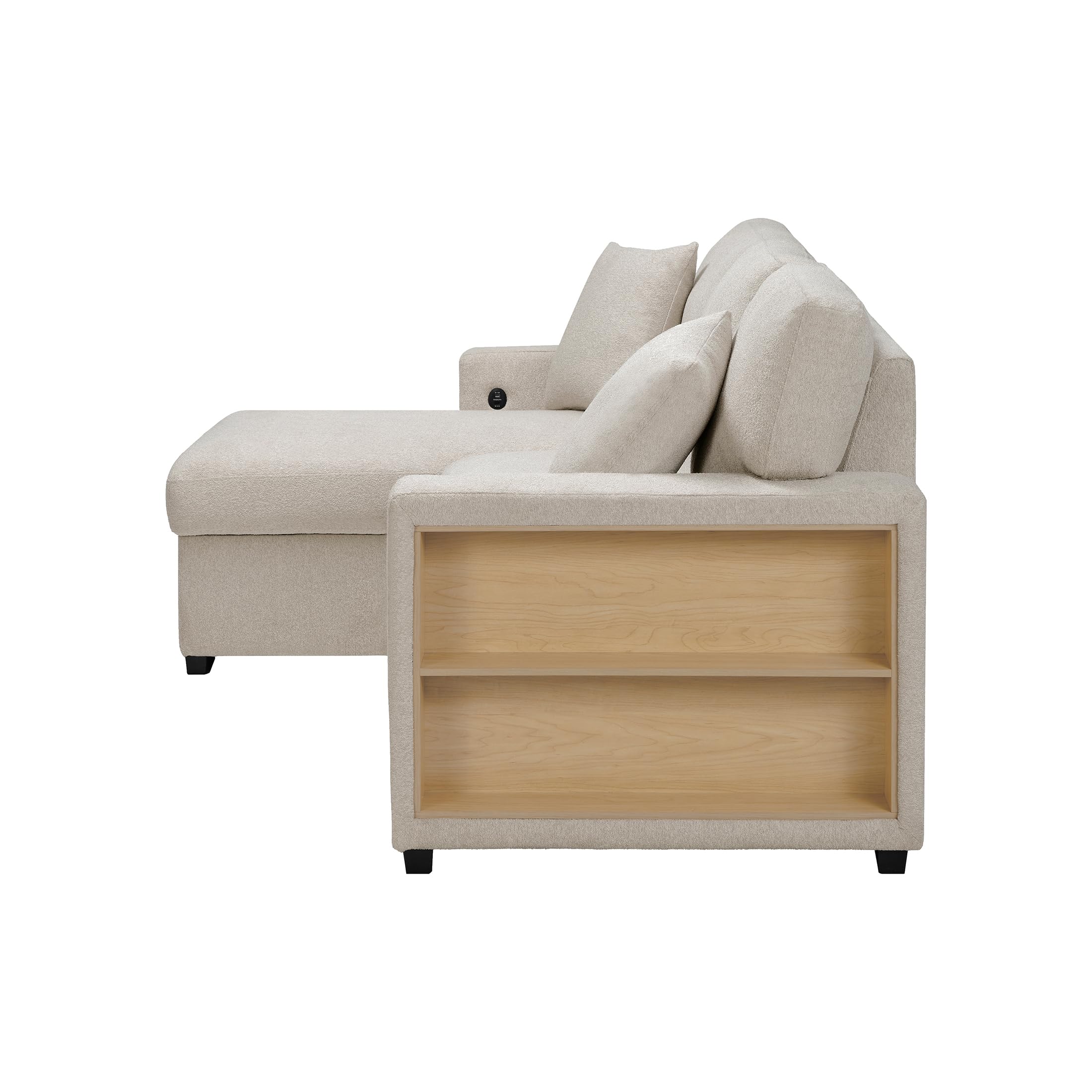 Lexicon 92.5" W L Shape Sectional Couch with Left Storage Chaise and Pull Out Sofa Bed, Sectional Sleeper Sofa with Memory Foam Seat Cushion, Charging Port, Storage Shelf for Living Room, Beige - Image 11