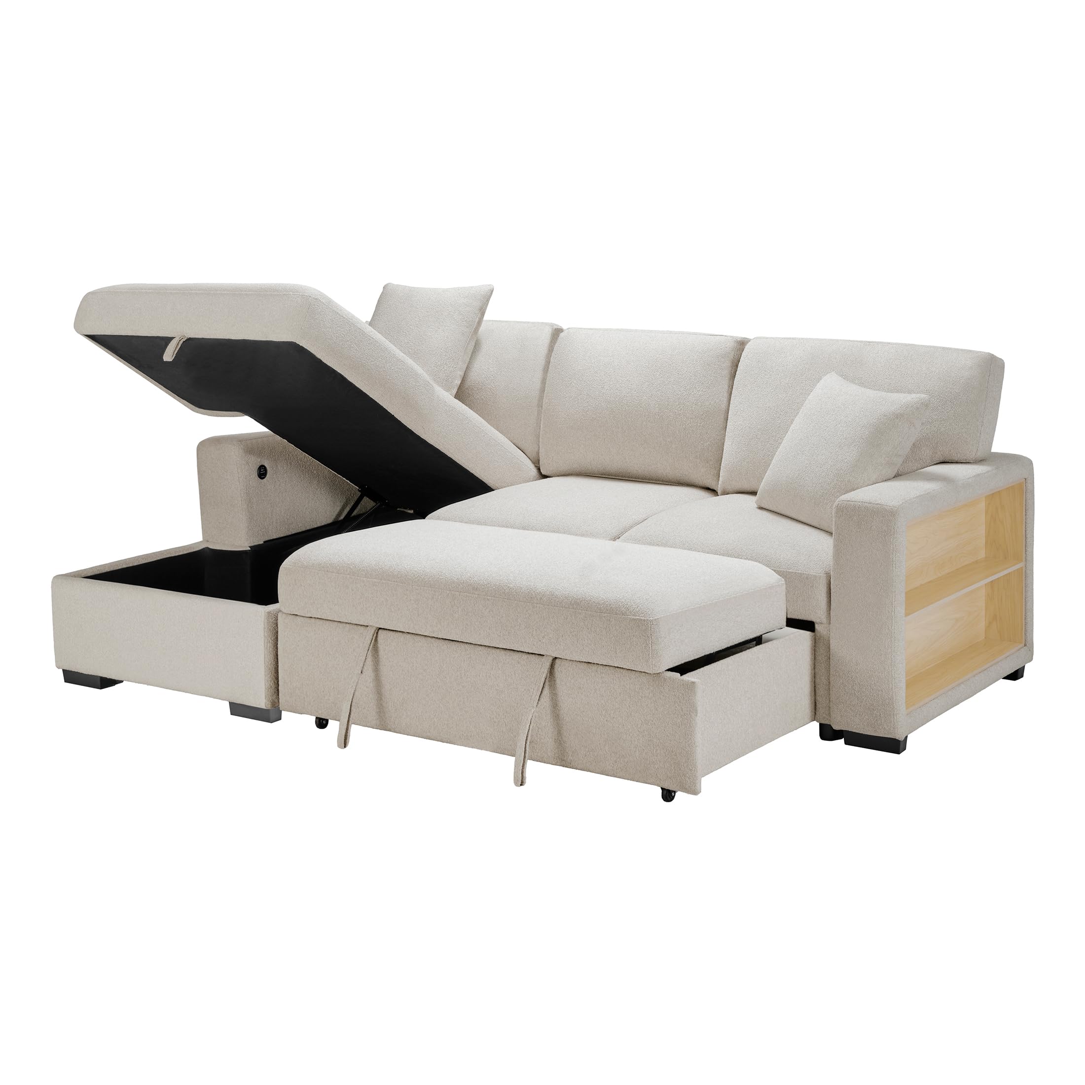 Lexicon 92.5" W L Shape Sectional Couch with Left Storage Chaise and Pull Out Sofa Bed, Sectional Sleeper Sofa with Memory Foam Seat Cushion, Charging Port, Storage Shelf for Living Room, Beige - Image 3