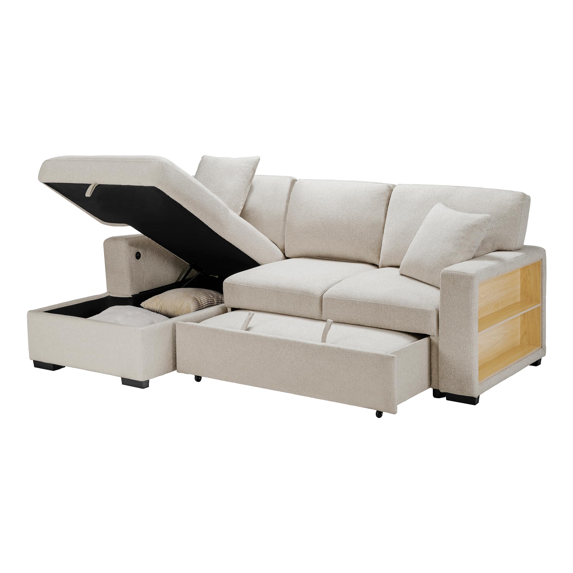 Lexicon 92.5" W L Shape Sectional Couch with Left Storage Chaise and Pull Out Sofa Bed, Sectional Sleeper Sofa with Memory Foam Seat Cushion, Charging Port, Storage Shelf for Living Room, Beige - Image 6