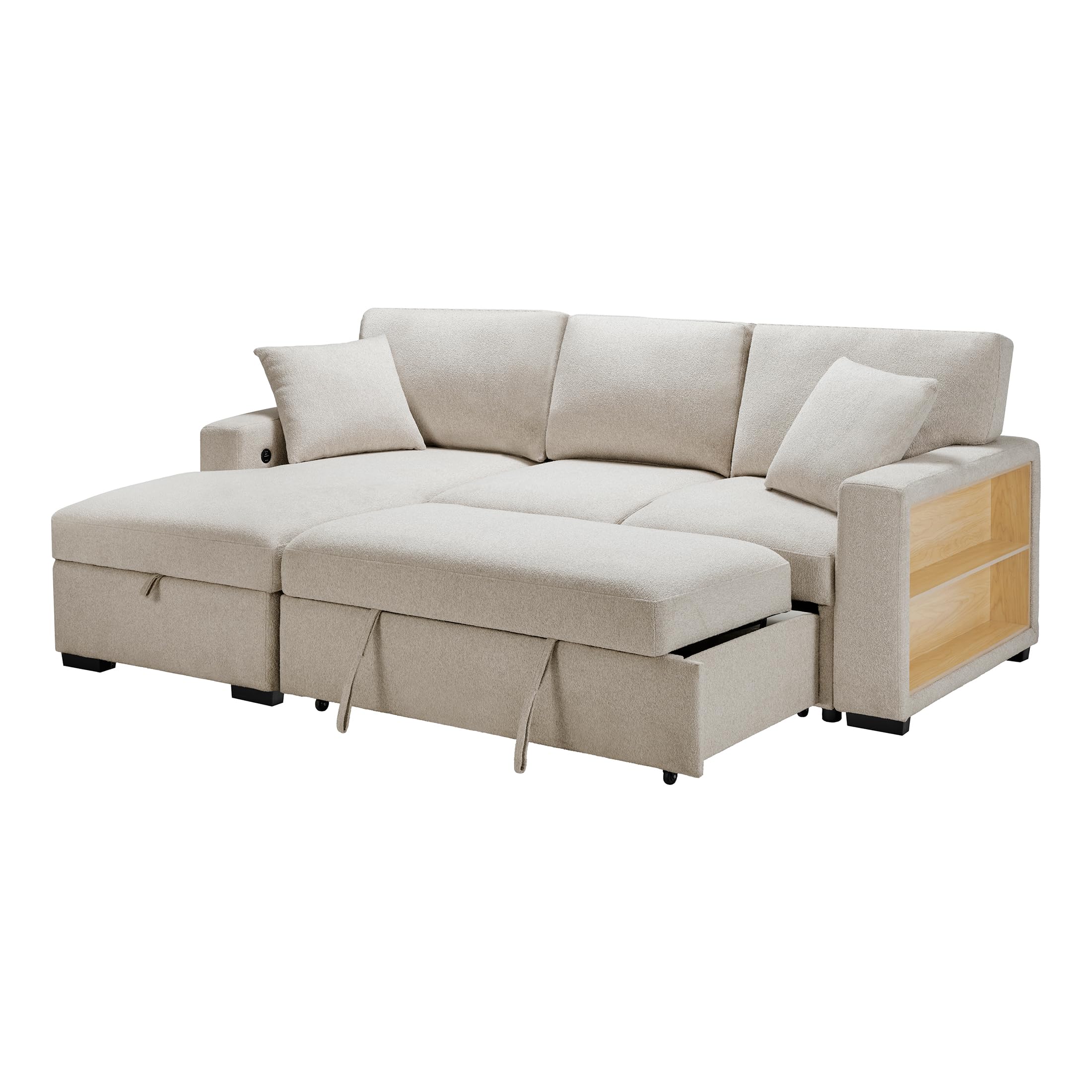 Lexicon 92.5" W L Shape Sectional Couch with Left Storage Chaise and Pull Out Sofa Bed, Sectional Sleeper Sofa with Memory Foam Seat Cushion, Charging Port, Storage Shelf for Living Room, Beige - Image 7