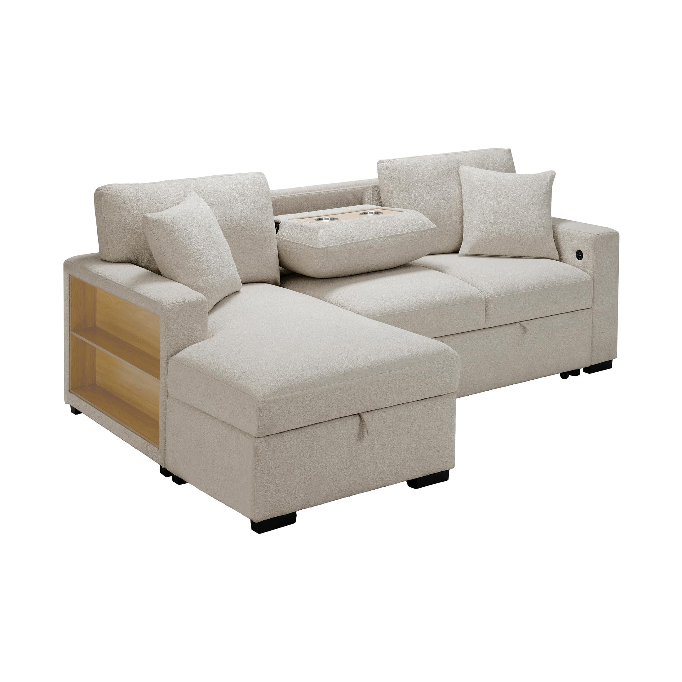 Lexicon 92.5" W L Shape Sectional Couch with Left Storage Chaise and Pull Out Sofa Bed, Sectional Sleeper Sofa with Memory Foam Seat Cushion, Charging Port, Storage Shelf for Living Room, Beige - Image 9