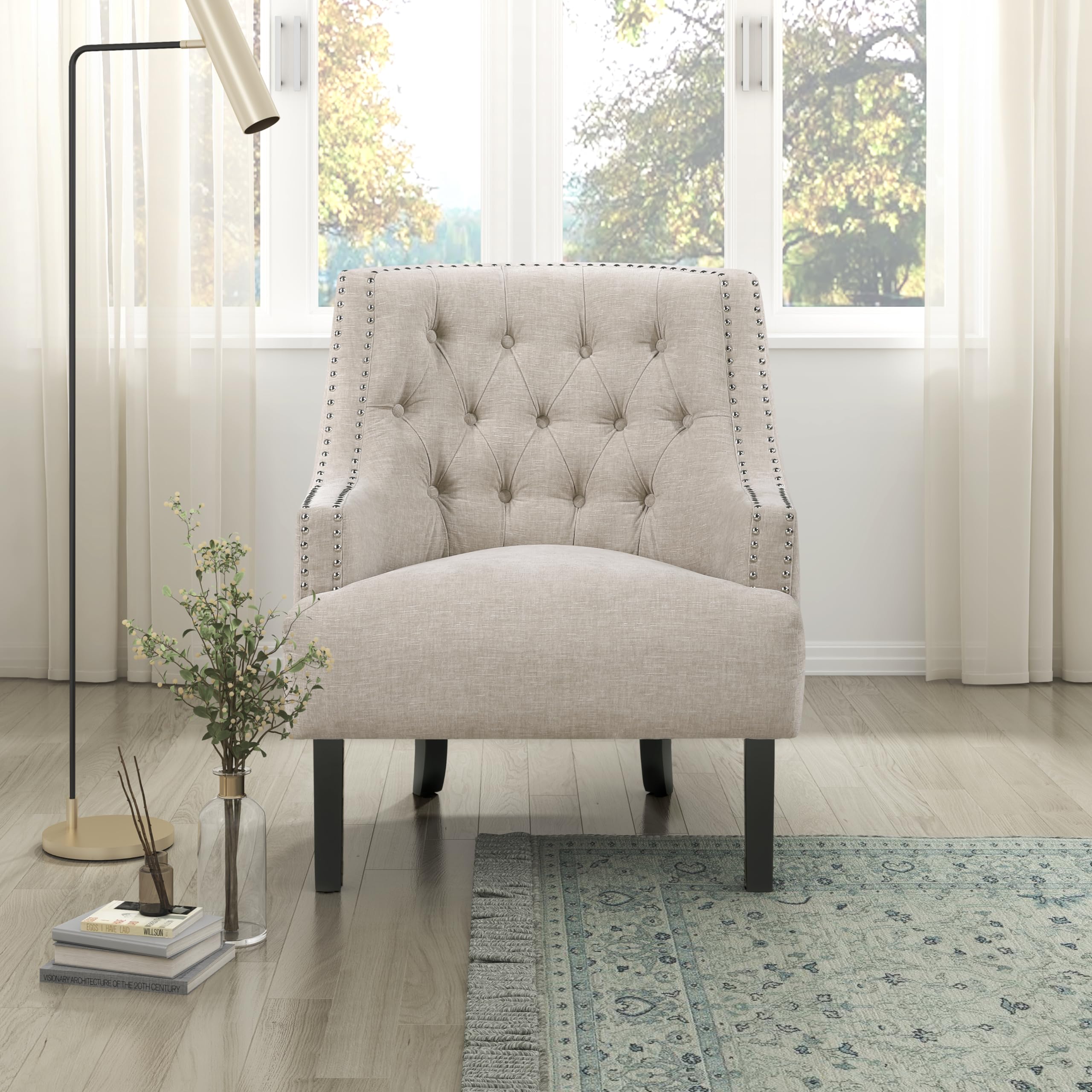 Lexicon Accent Chair Reading Chair Comfy Chair for Bedroom, Upholstered Armchair with Solid Wood Frame, Tufted Cushion Nail Head Trim, Single Sofa Chair for Living Room, Office, Taupe Chenille - Image 9