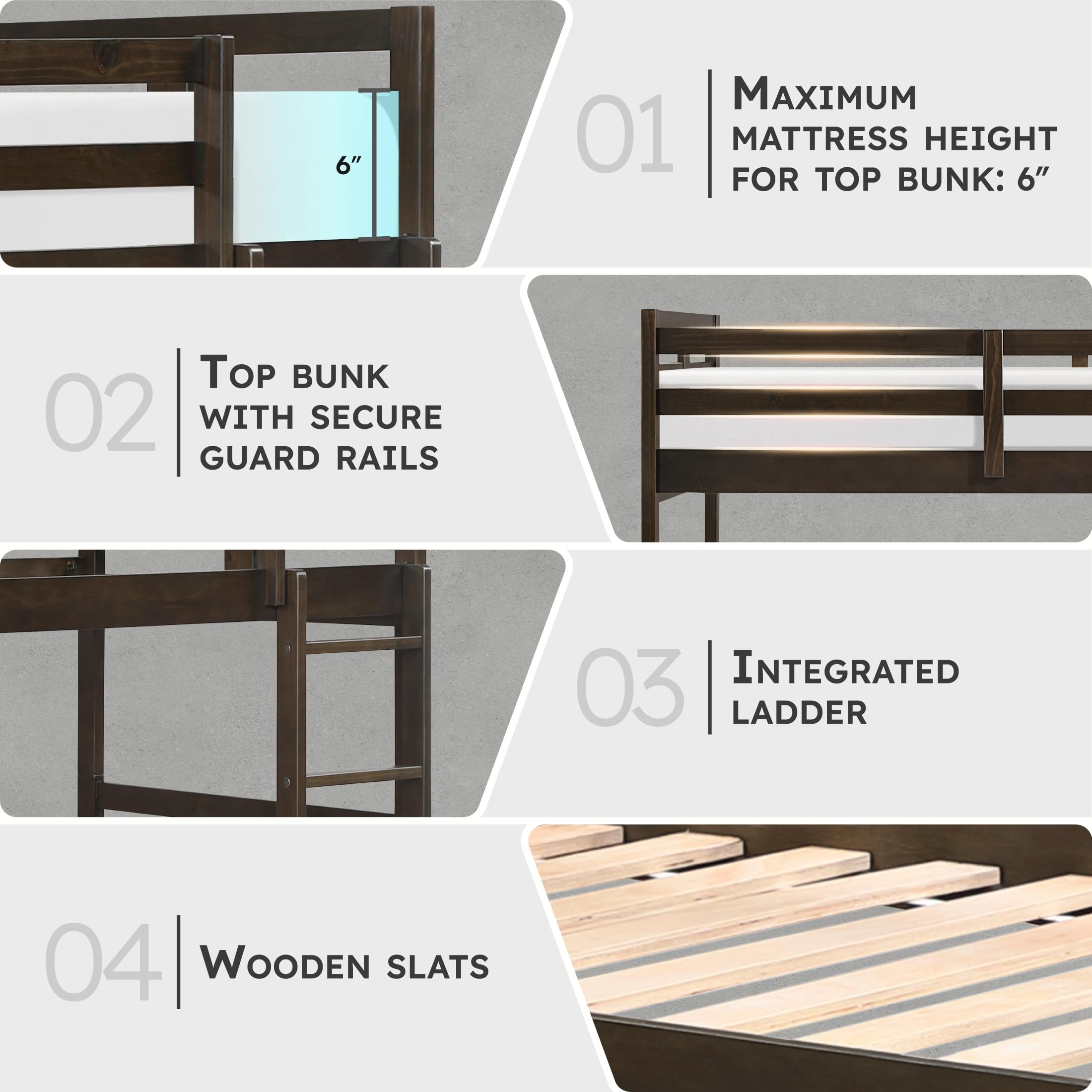 Lexicon Bunk Bed Twin Over Twin, Wooden Bed Frame with Sturdy Ladder and Safety Guard Rails, Modern Space-Saving Design, for Bedroom/Guest Room, No Box Spring Needed, Dark Brown - Image 3