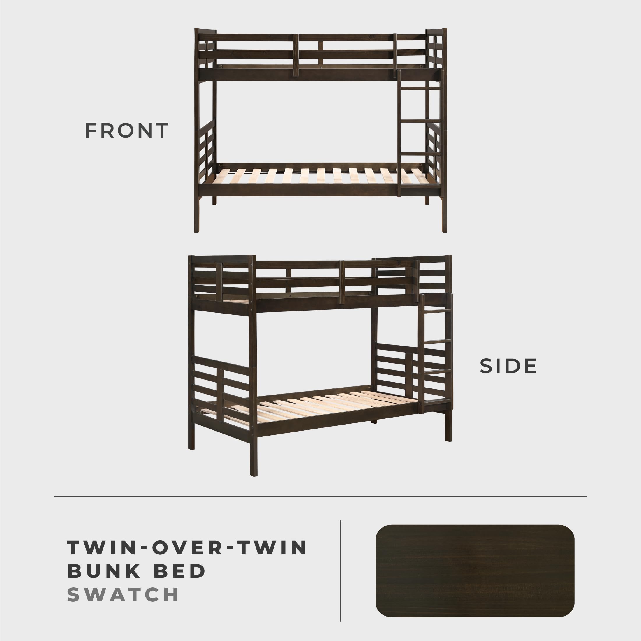 Lexicon Bunk Bed Twin Over Twin, Wooden Bed Frame with Sturdy Ladder and Safety Guard Rails, Modern Space-Saving Design, for Bedroom/Guest Room, No Box Spring Needed, Dark Brown - Image 4