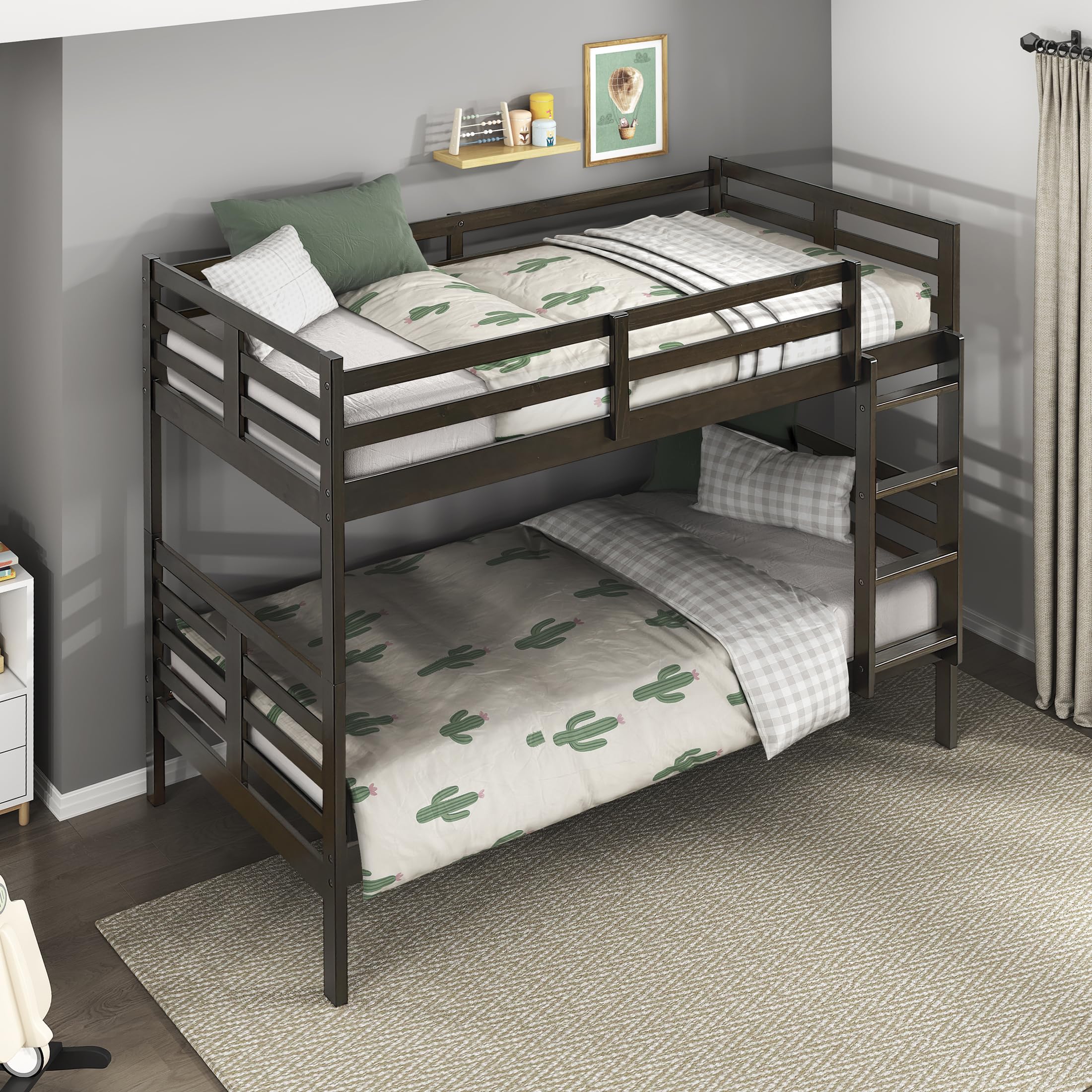 Lexicon Bunk Bed Twin Over Twin, Wooden Bed Frame with Sturdy Ladder and Safety Guard Rails, Modern Space-Saving Design, for Bedroom/Guest Room, No Box Spring Needed, Dark Brown - Image 6