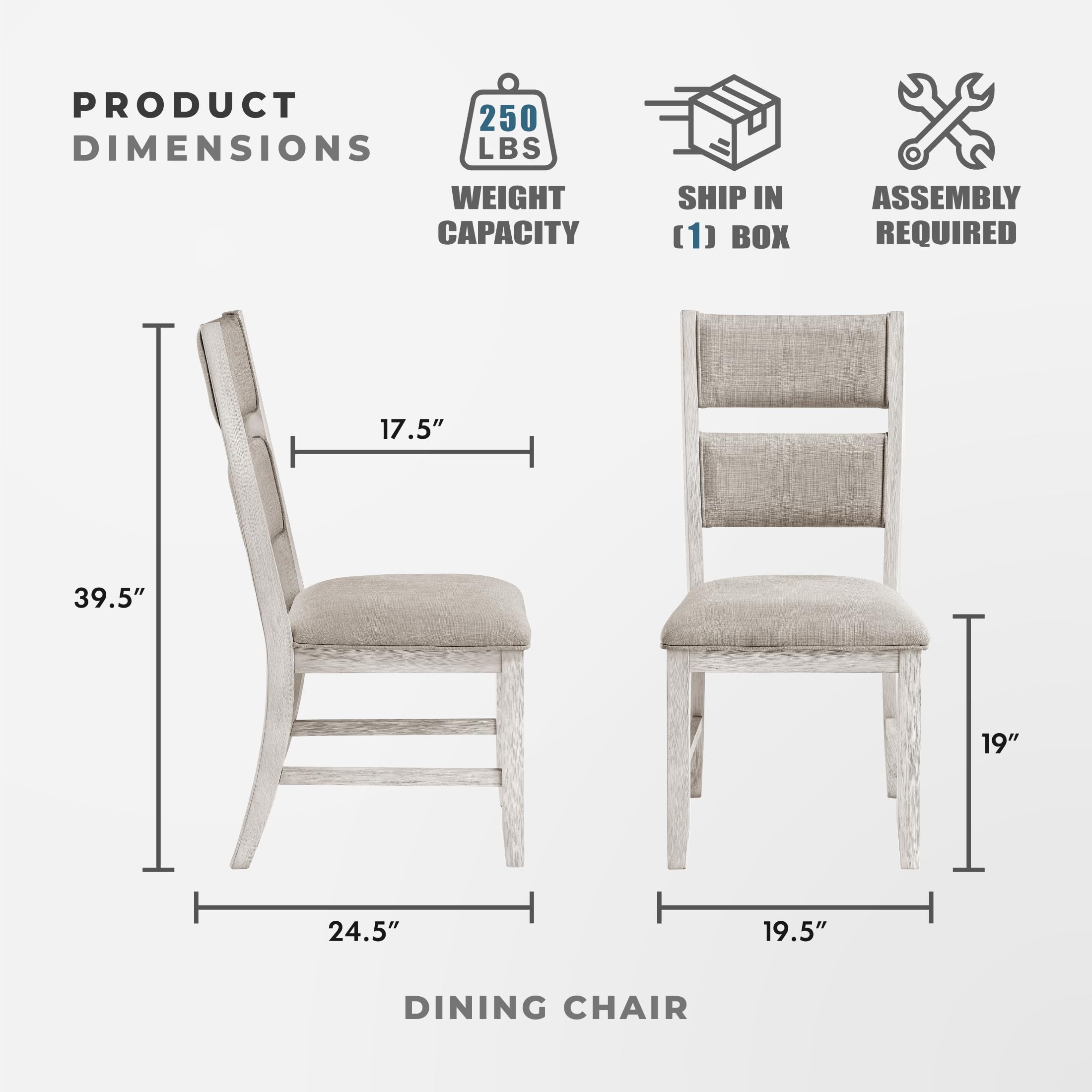 Lexicon Dining Chair Set of 2, Wooden Kitchen Chairs with Light Gray Textured Fabric Upholstered Seats and Back Rest, Accent Seating for Dining Room/Kitchen, Assembly Required, Brushed Antique White - Image 3