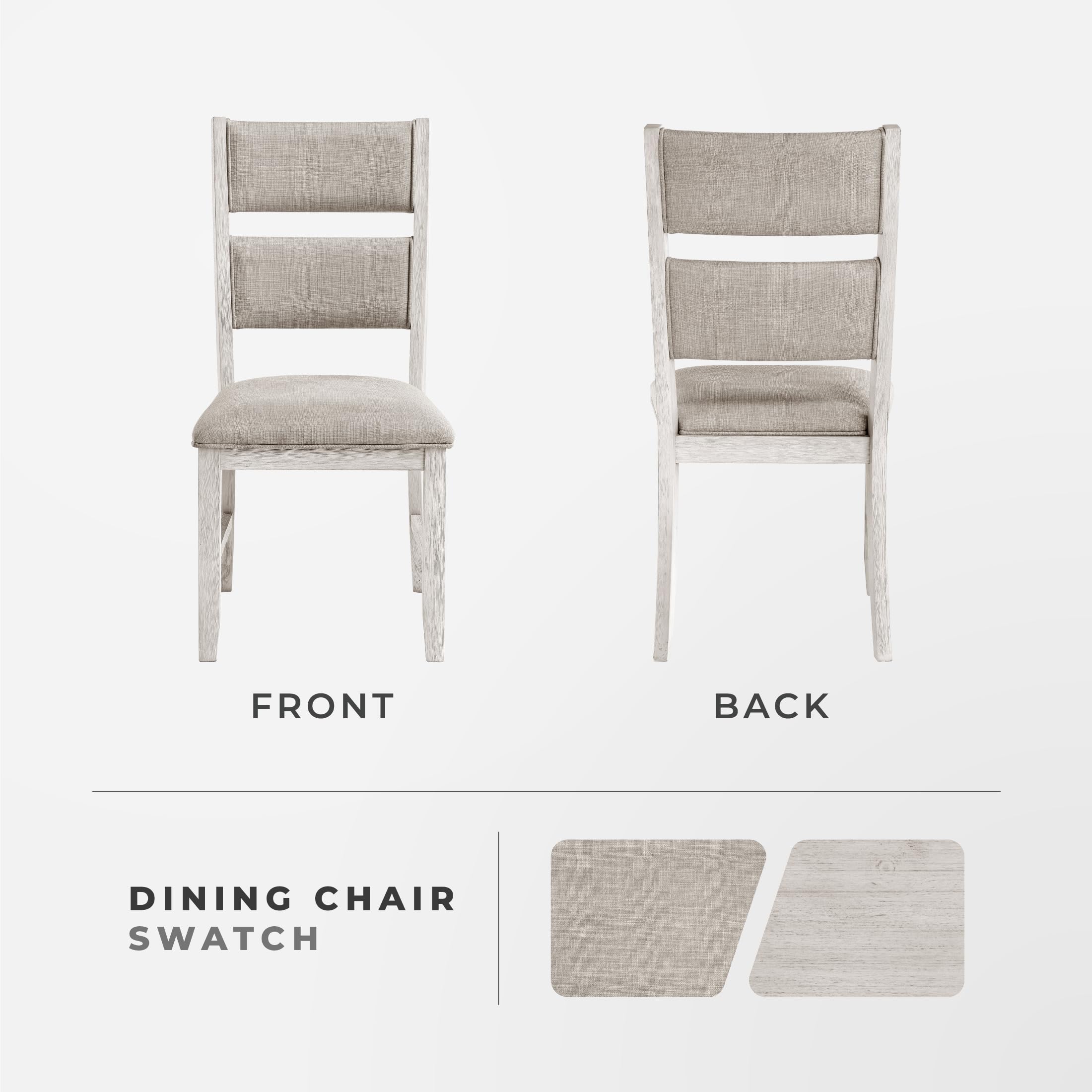 Lexicon Dining Chair Set of 2, Wooden Kitchen Chairs with Light Gray Textured Fabric Upholstered Seats and Back Rest, Accent Seating for Dining Room/Kitchen, Assembly Required, Brushed Antique White - Image 4