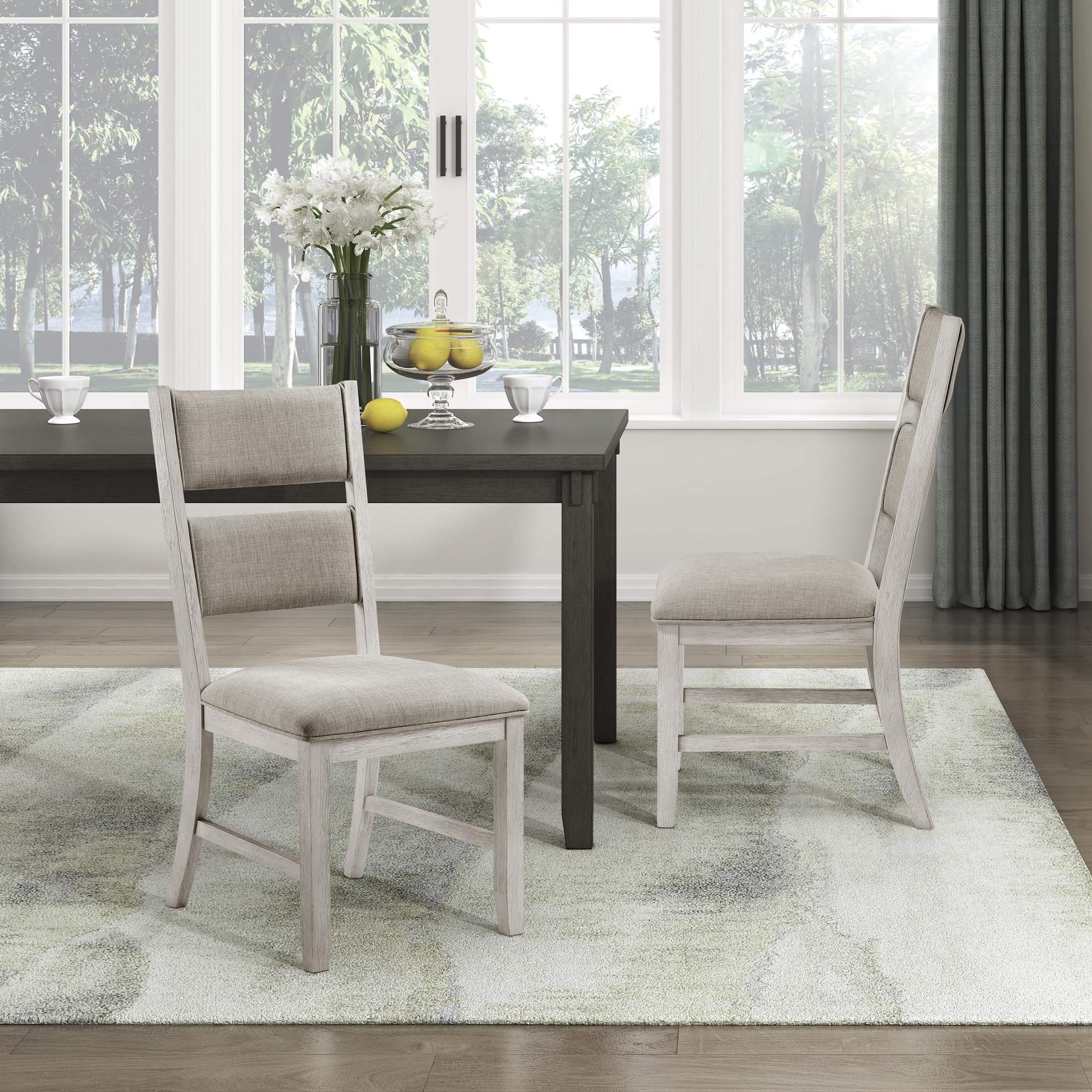 Lexicon Dining Chair Set of 2, Wooden Kitchen Chairs with Light Gray Textured Fabric Upholstered Seats and Back Rest, Accent Seating for Dining Room/Kitchen, Assembly Required, Brushed Antique White - Image 5