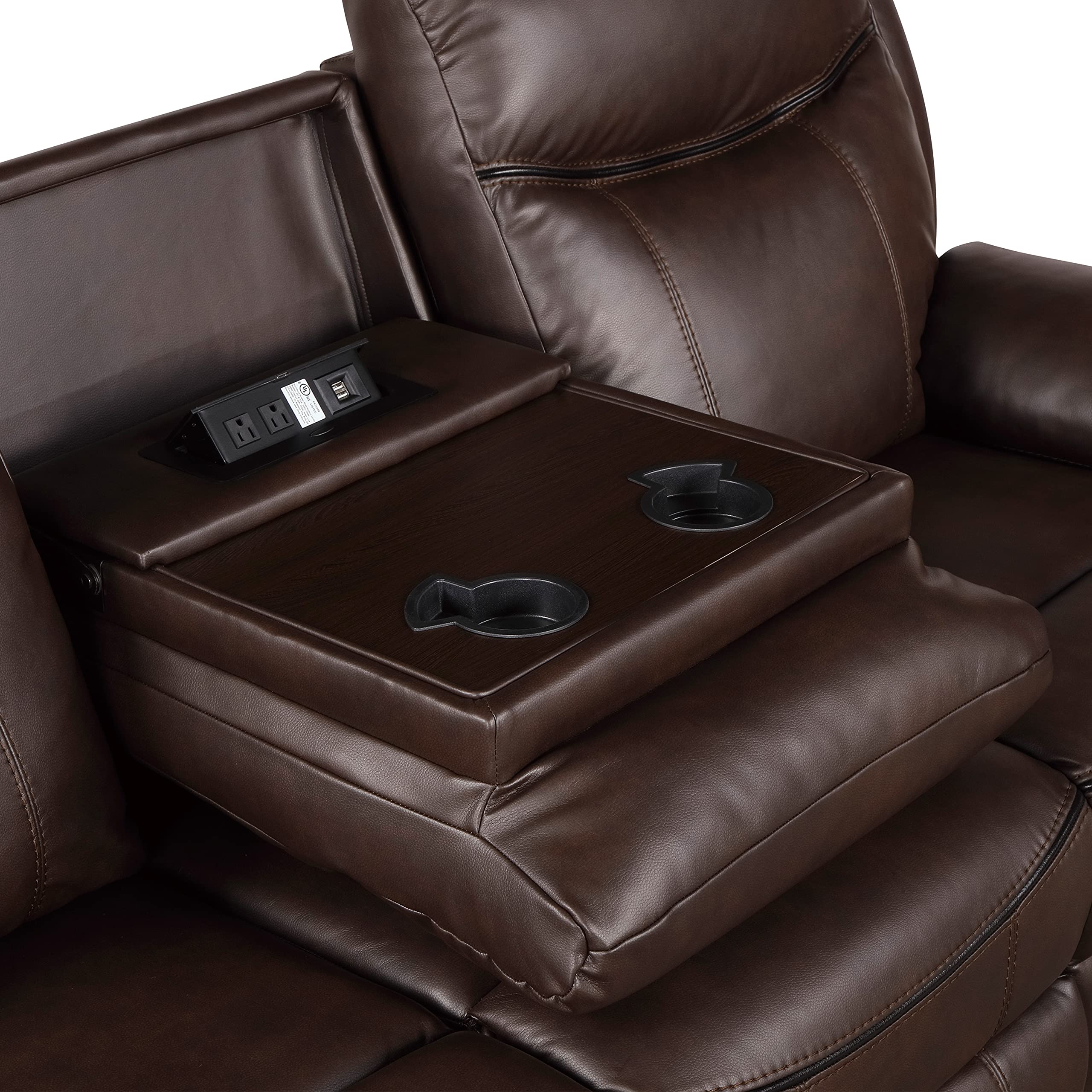 Lexicon Double Recliner Sofa RV Couch, Home Theater Seating, Manual Faux Leather Glider Recliner Sofas, Center Drop-Down Cup Holders, Receptacle, Hidden Drawer, USB Ports, 88.5’’W Sofa, Dark Brown - Image 10