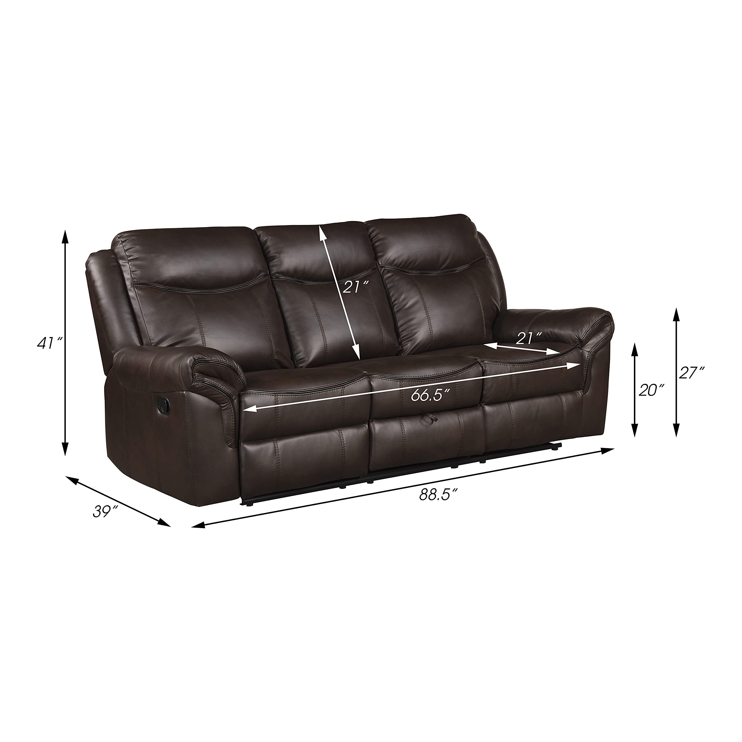 Lexicon Double Recliner Sofa RV Couch, Home Theater Seating, Manual Faux Leather Glider Recliner Sofas, Center Drop-Down Cup Holders, Receptacle, Hidden Drawer, USB Ports, 88.5’’W Sofa, Dark Brown - Image 3