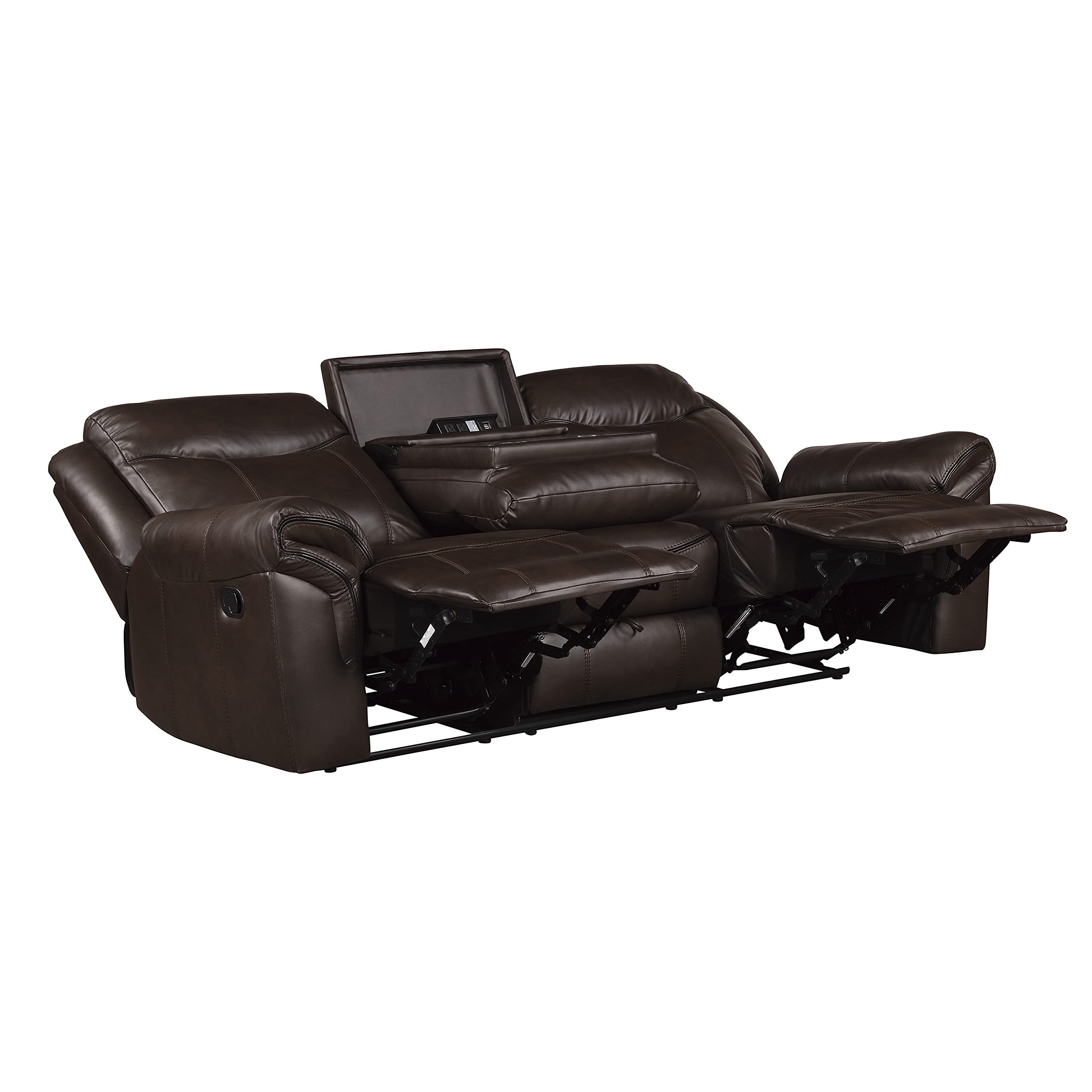 Lexicon Double Recliner Sofa RV Couch, Home Theater Seating, Manual Faux Leather Glider Recliner Sofas, Center Drop-Down Cup Holders, Receptacle, Hidden Drawer, USB Ports, 88.5’’W Sofa, Dark Brown - Image 7