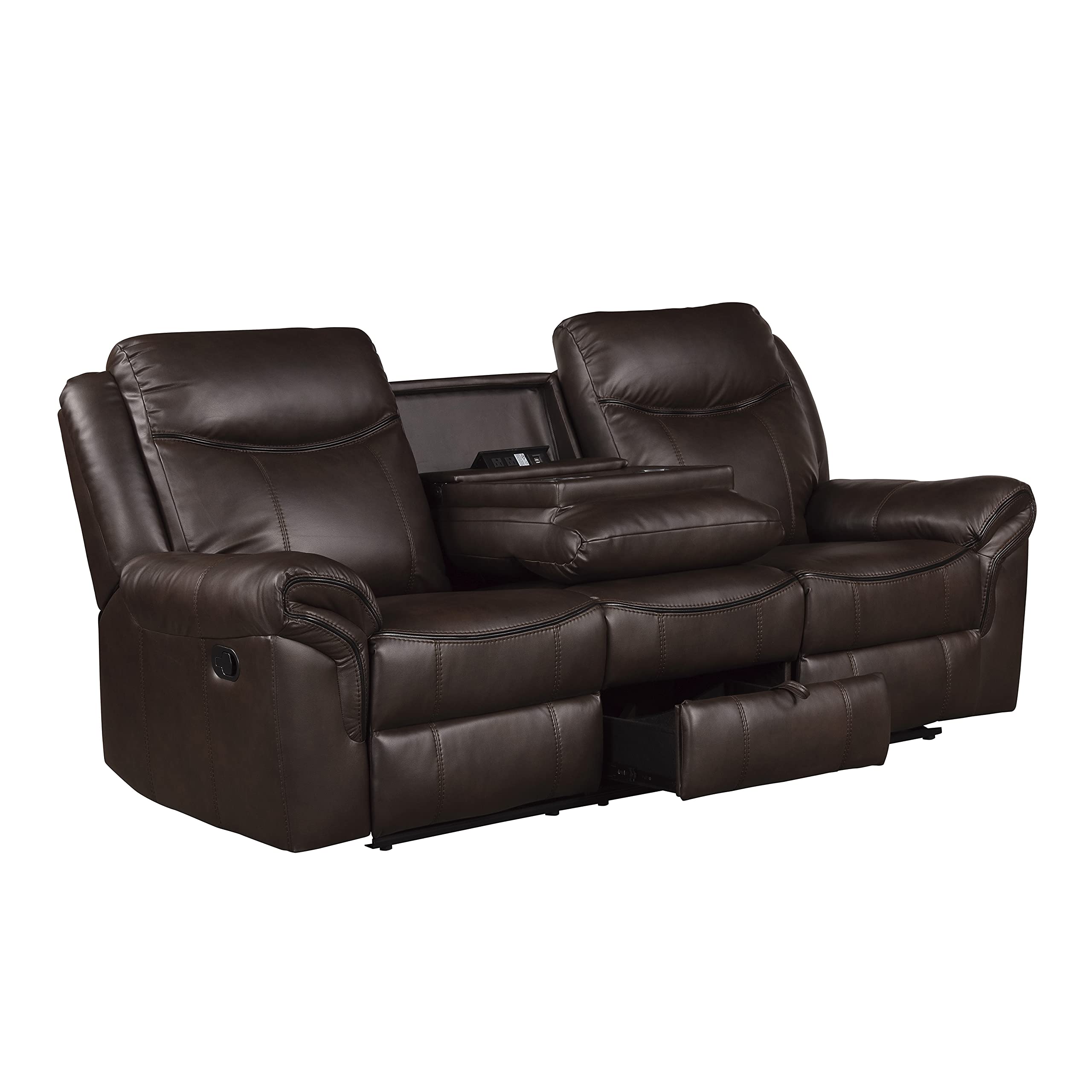 Lexicon Double Recliner Sofa RV Couch, Home Theater Seating, Manual Faux Leather Glider Recliner Sofas, Center Drop-Down Cup Holders, Receptacle, Hidden Drawer, USB Ports, 88.5’’W Sofa, Dark Brown - Image 8