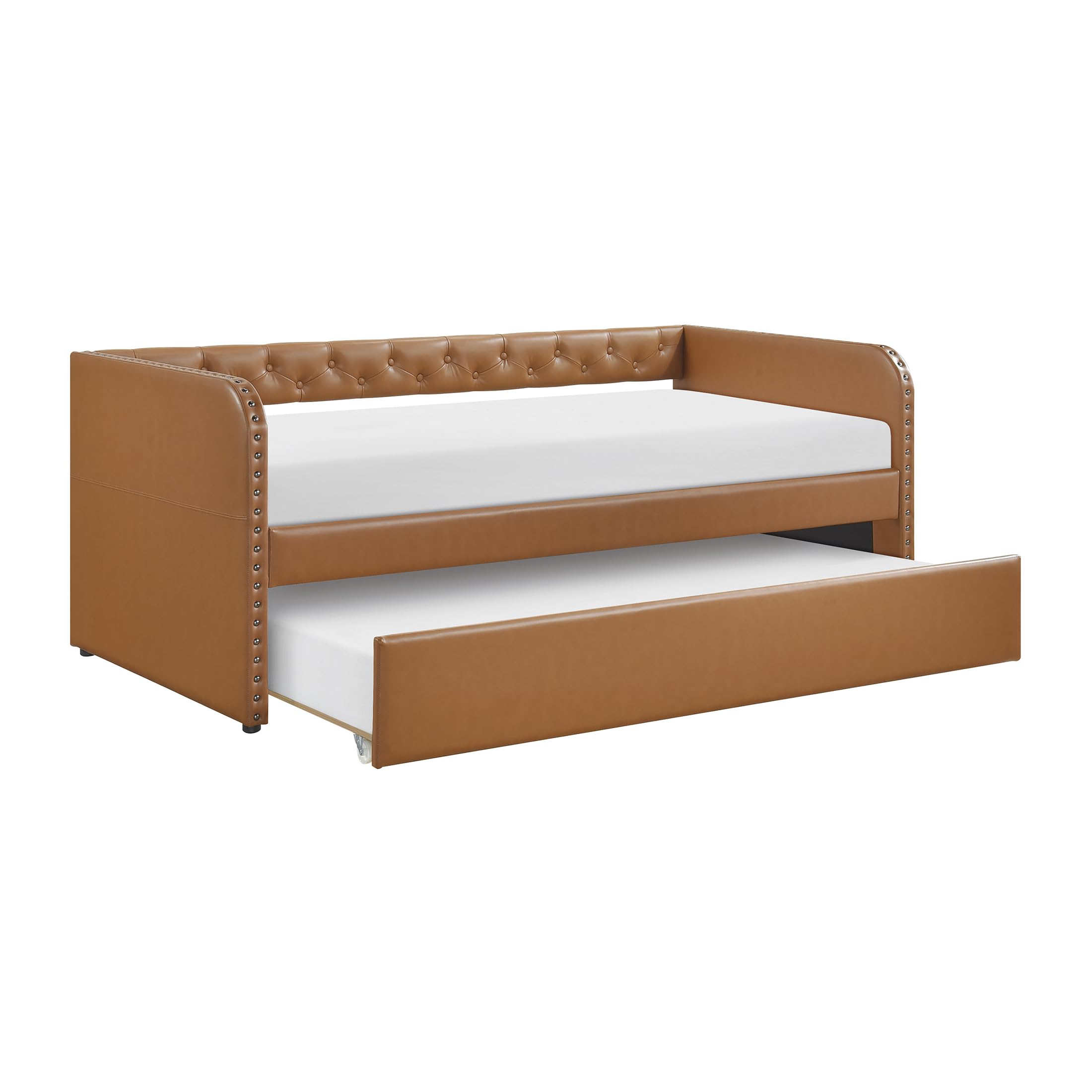Lexicon Faux Leather Daybed with Trundle, Solid Wood Frame, Nailhead Trim, Wood Slat Support, Button Tufted Trundle Day Bed Sofa Bed for Bedroom/Guest Room, No Box Spring Needed, Twin, Matte Brown - Image 6