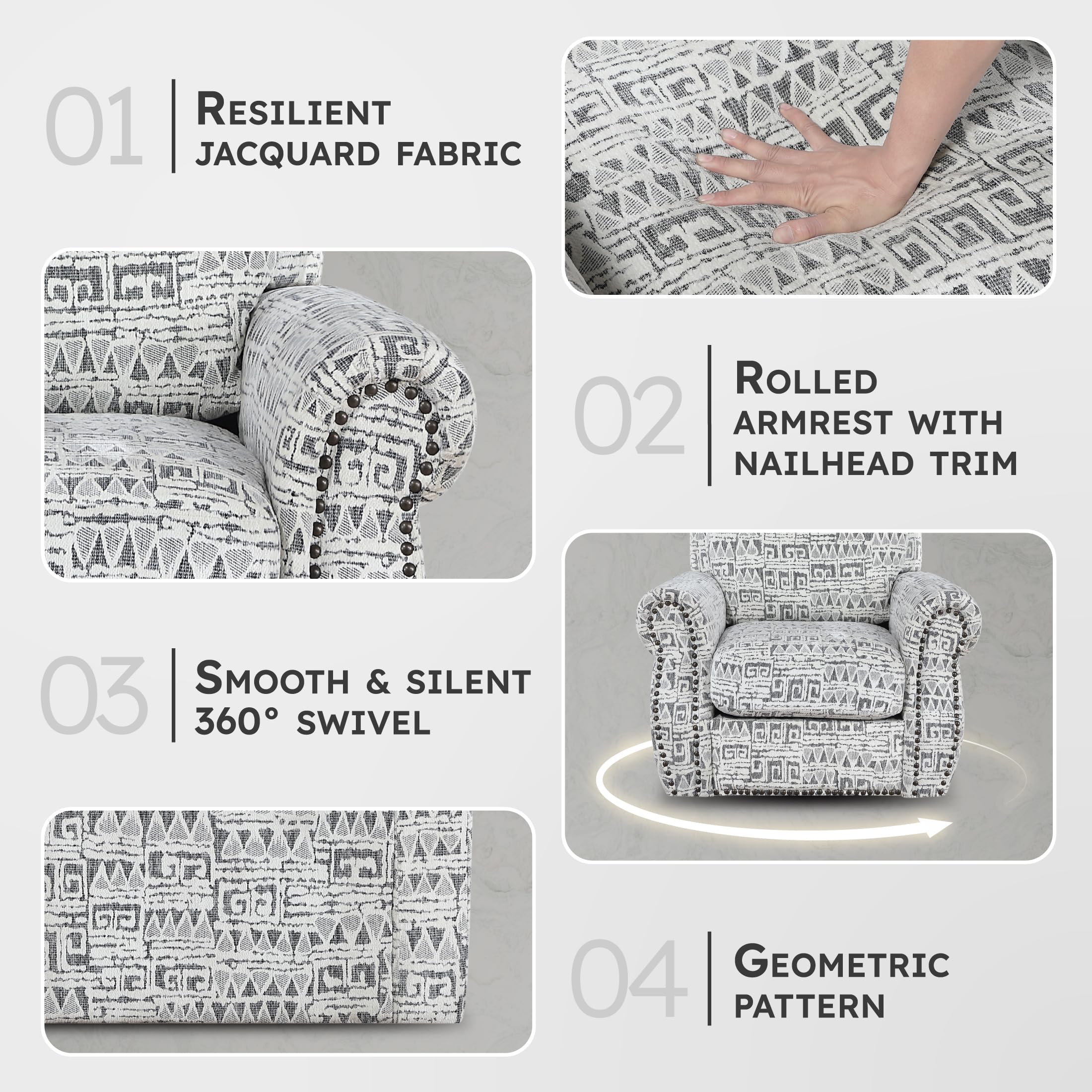 Lexicon Jacquard Swivel Accent Chair with Nailhead Trim - Rolled Arms, Removable Seat Cushion Cover, 360-Degree Metal Base Upholstered Swivel Chair for Living Room, Bedroom, Reading Nook, Gray - Image 3