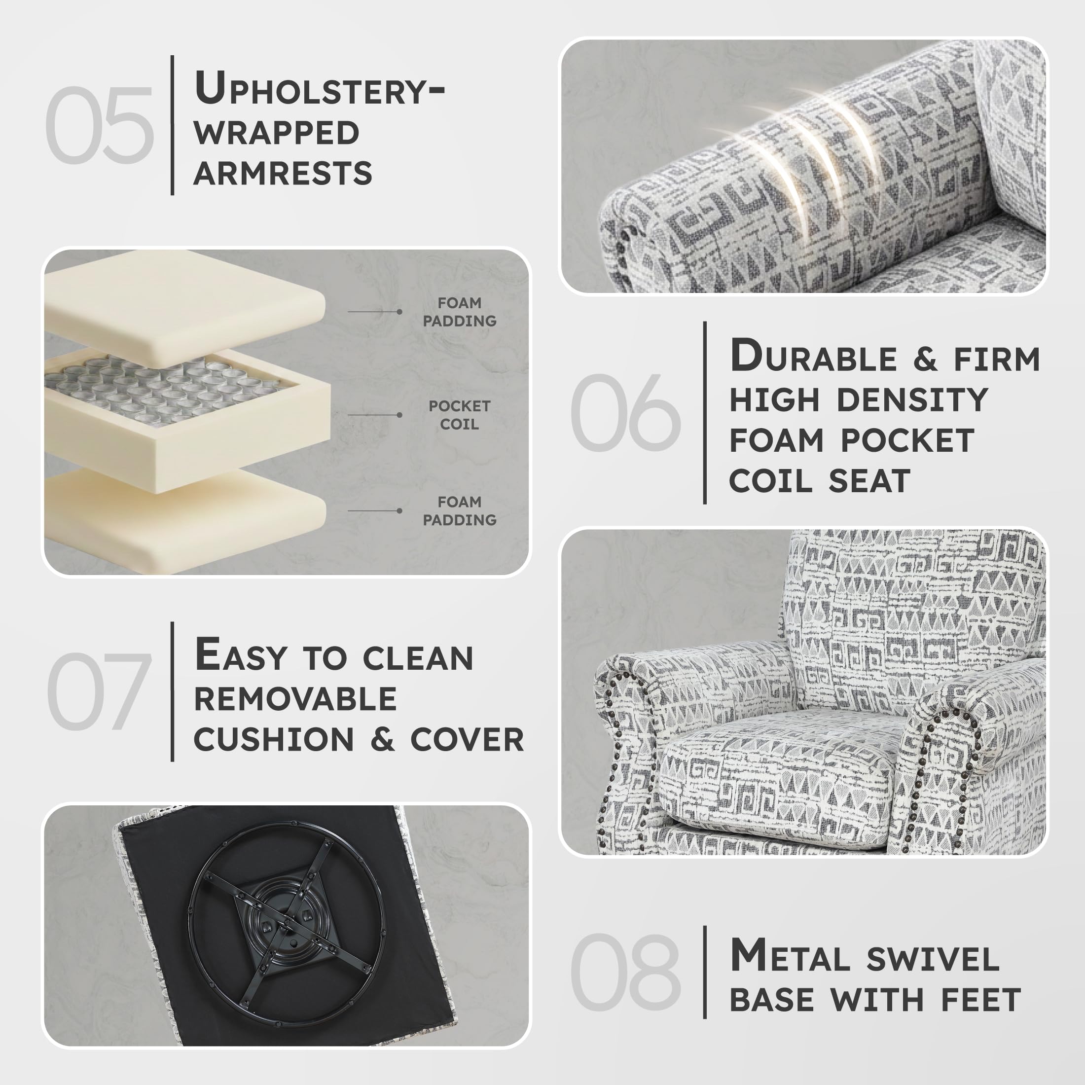 Lexicon Jacquard Swivel Accent Chair with Nailhead Trim - Rolled Arms, Removable Seat Cushion Cover, 360-Degree Metal Base Upholstered Swivel Chair for Living Room, Bedroom, Reading Nook, Gray - Image 4