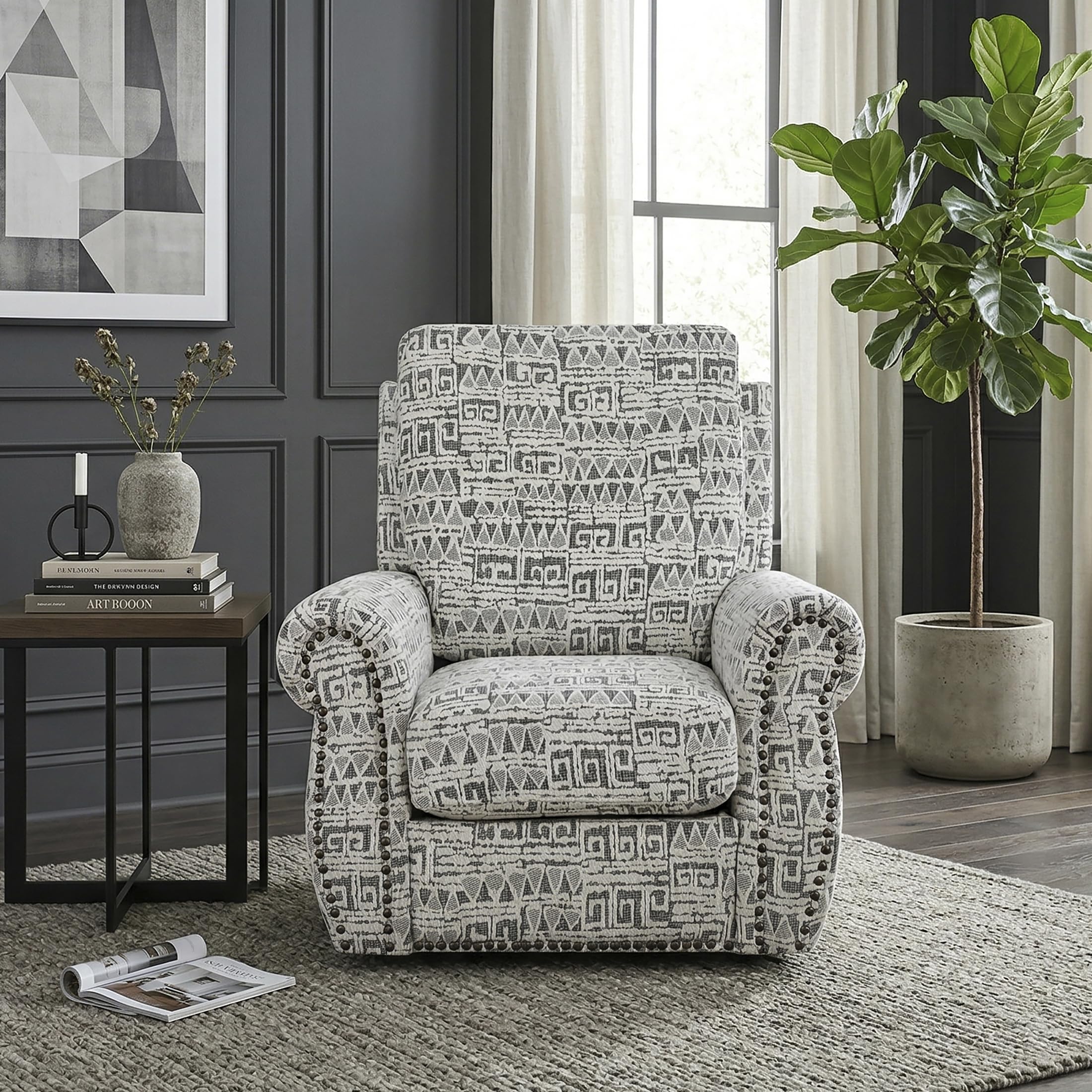 Lexicon Jacquard Swivel Accent Chair with Nailhead Trim - Rolled Arms, Removable Seat Cushion Cover, 360-Degree Metal Base Upholstered Swivel Chair for Living Room, Bedroom, Reading Nook, Gray - Image 6