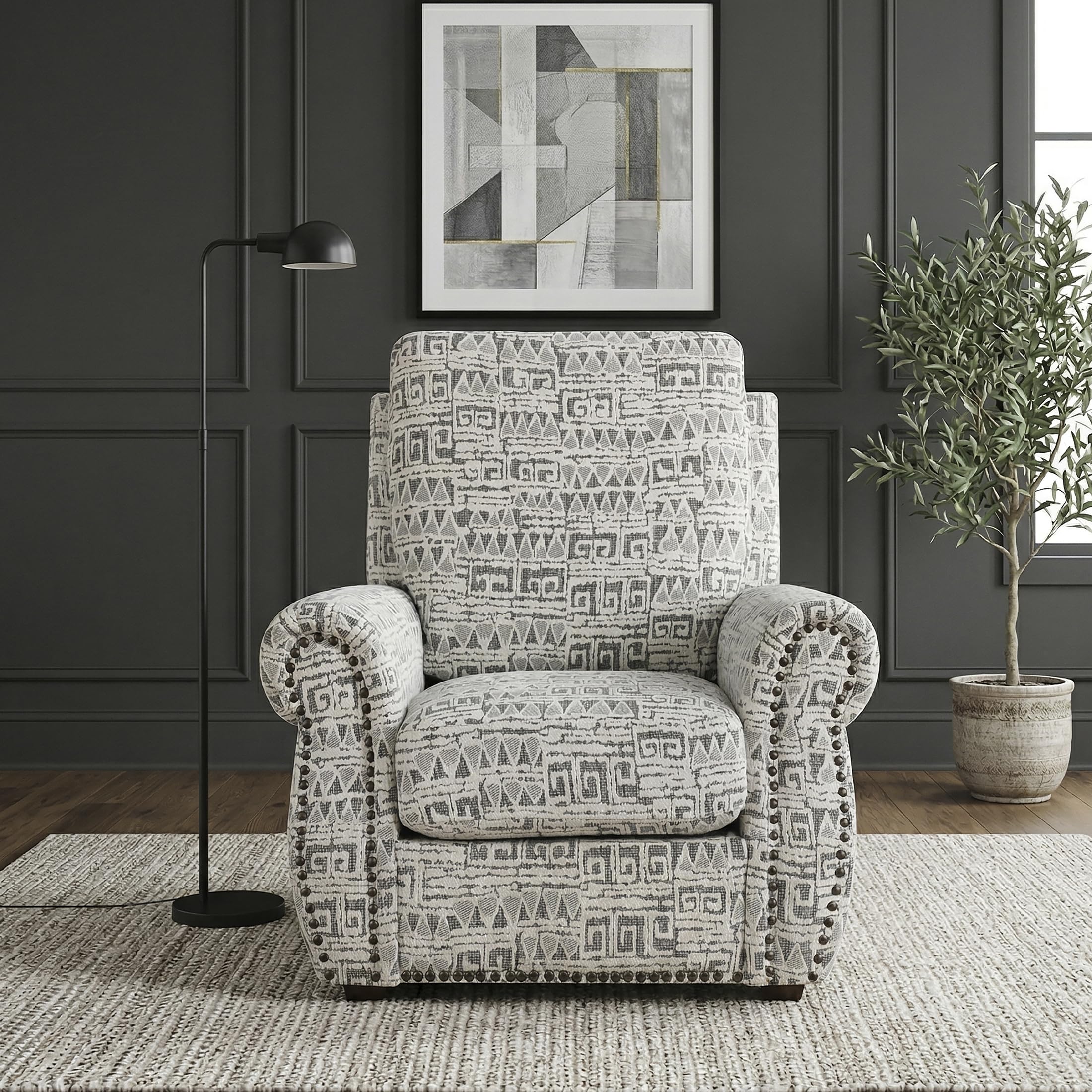 Lexicon Jacquard Swivel Accent Chair with Nailhead Trim - Rolled Arms, Removable Seat Cushion Cover, 360-Degree Metal Base Upholstered Swivel Chair for Living Room, Bedroom, Reading Nook, Gray - Image 7