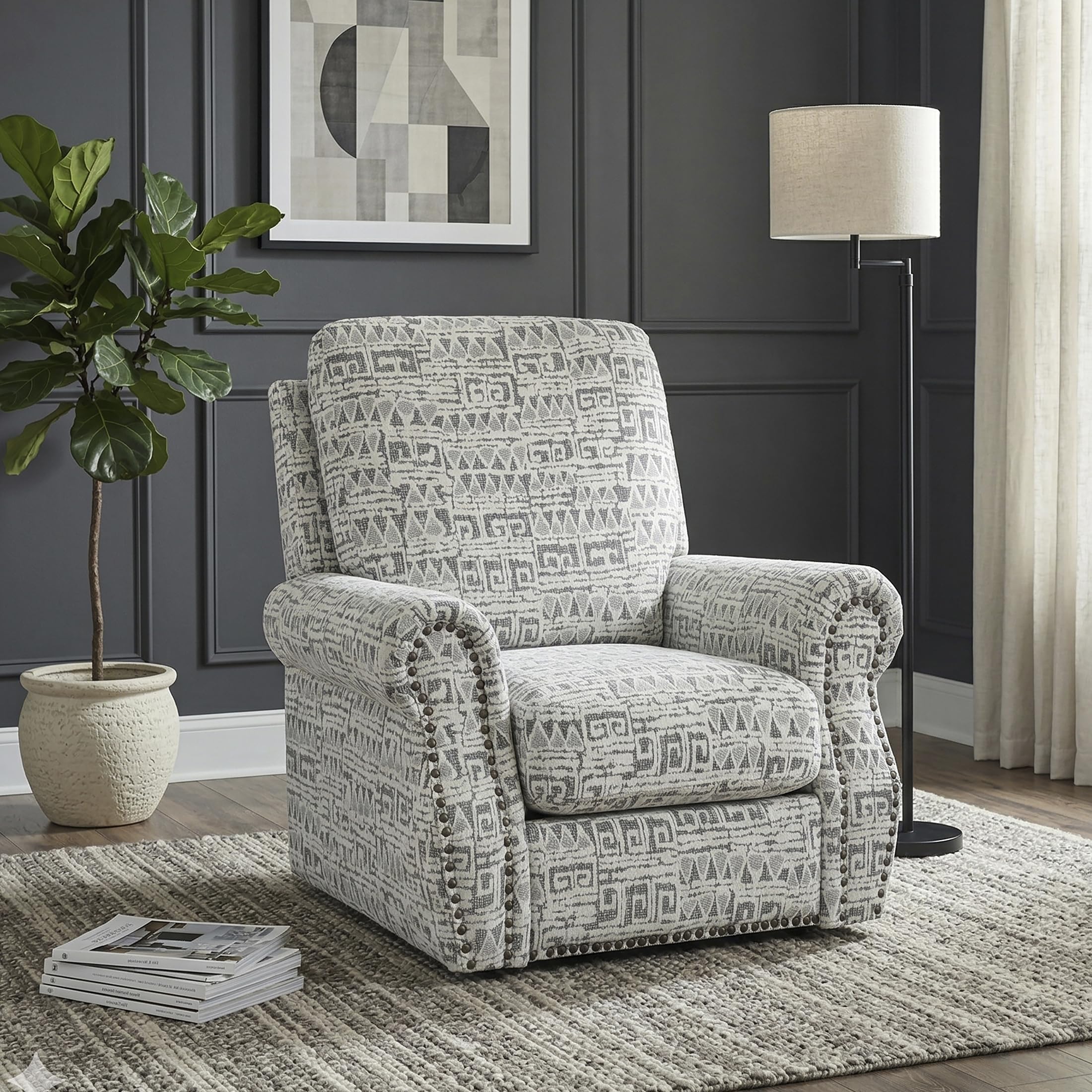 Lexicon Jacquard Swivel Accent Chair with Nailhead Trim - Rolled Arms, Removable Seat Cushion Cover, 360-Degree Metal Base Upholstered Swivel Chair for Living Room, Bedroom, Reading Nook, Gray - Image 8