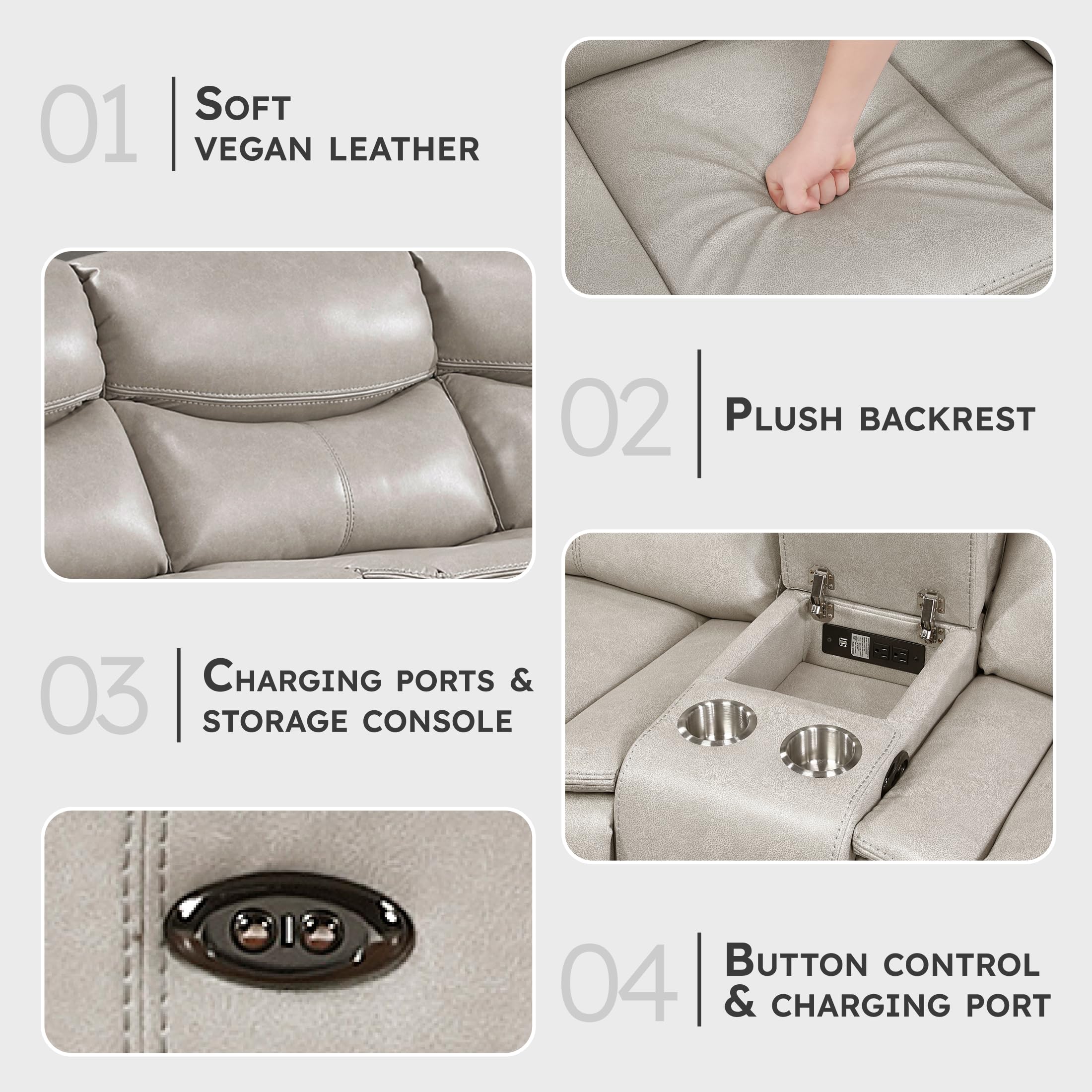 Lexicon L-Shaped Power Reclining Sectional Couch, Faux Leather Reclining Sectional Sofa, 3 Recliners, Wall Hugger, Right Storage Console, Cup Holders, Receptacles, Charging Ports, Silver Gray - Image 3