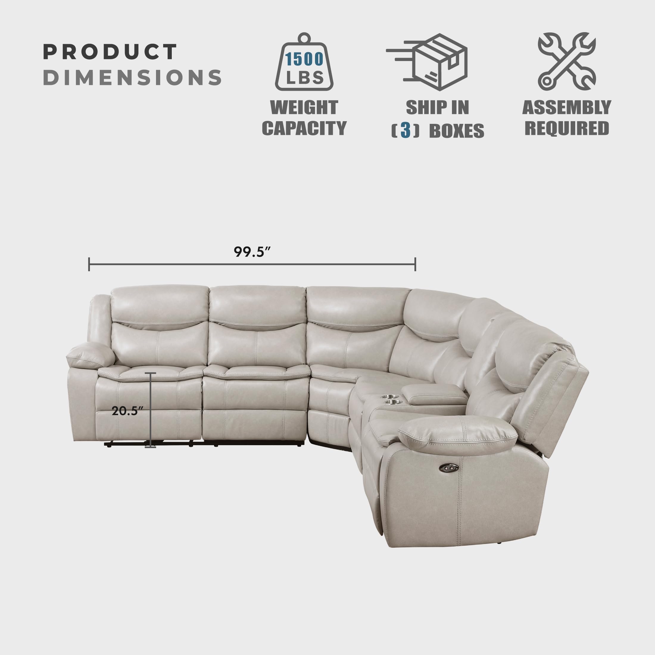 Lexicon L-Shaped Power Reclining Sectional Couch, Faux Leather Reclining Sectional Sofa, 3 Recliners, Wall Hugger, Right Storage Console, Cup Holders, Receptacles, Charging Ports, Silver Gray - Image 4