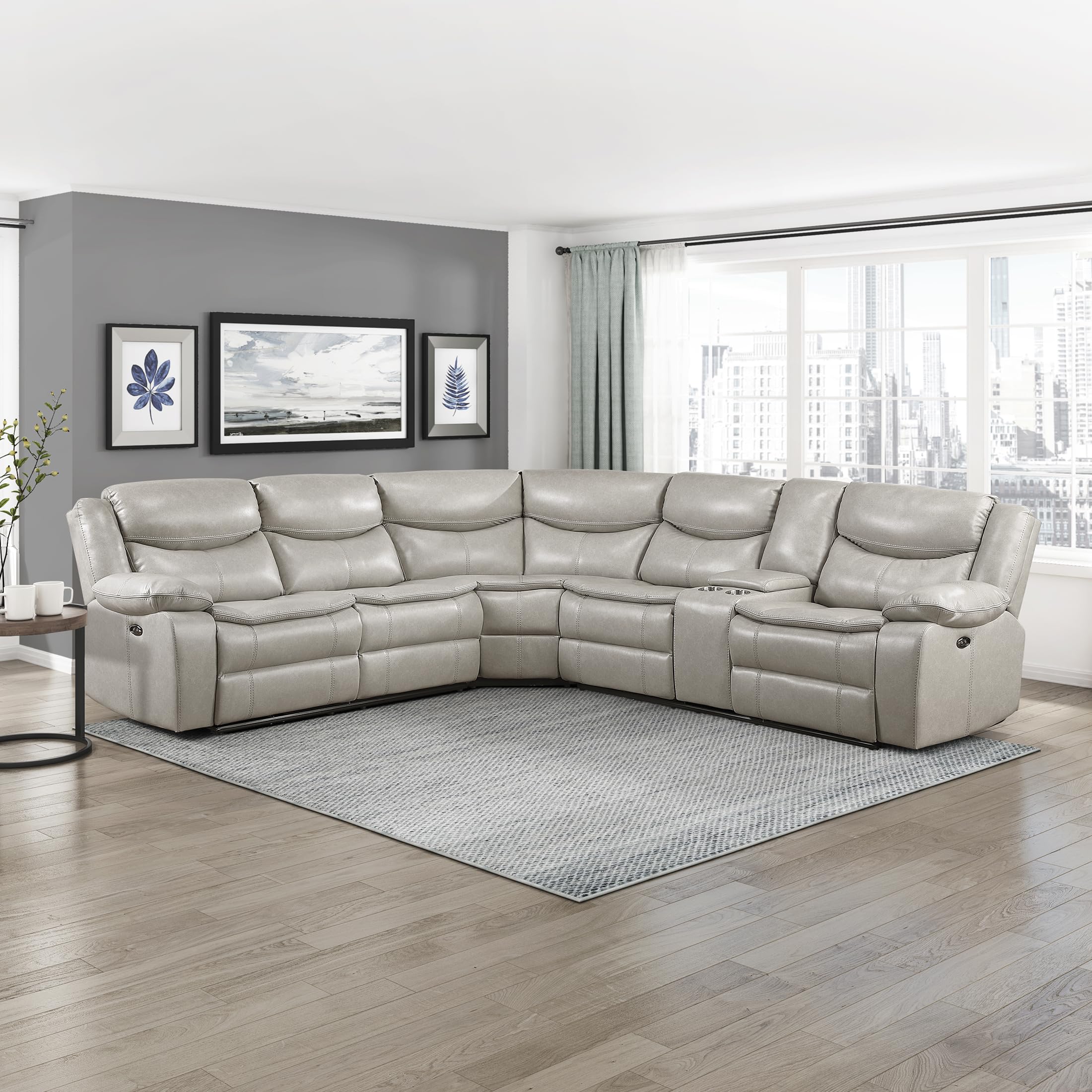 Lexicon L-Shaped Power Reclining Sectional Couch, Faux Leather Reclining Sectional Sofa, 3 Recliners, Wall Hugger, Right Storage Console, Cup Holders, Receptacles, Charging Ports, Silver Gray - Image 6