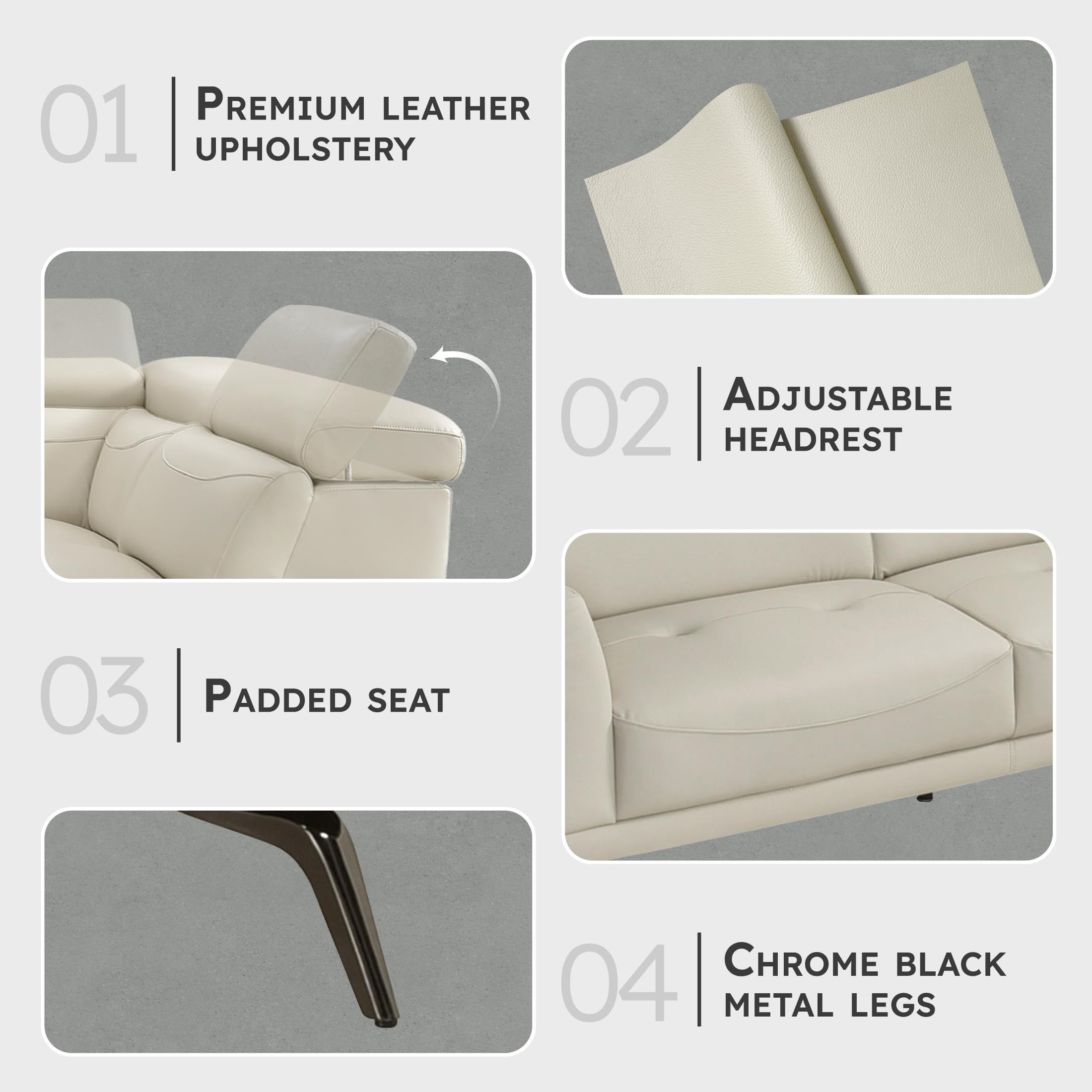 Lexicon L-Shaped Sectional Couch with Right Chaise, Top Grain Leather Match Sectional Sofa, Adjustable Headrests, Black Chrome Metal Legs, High-Density Cushions, Stitching, for Living Room, Beige - Image 3