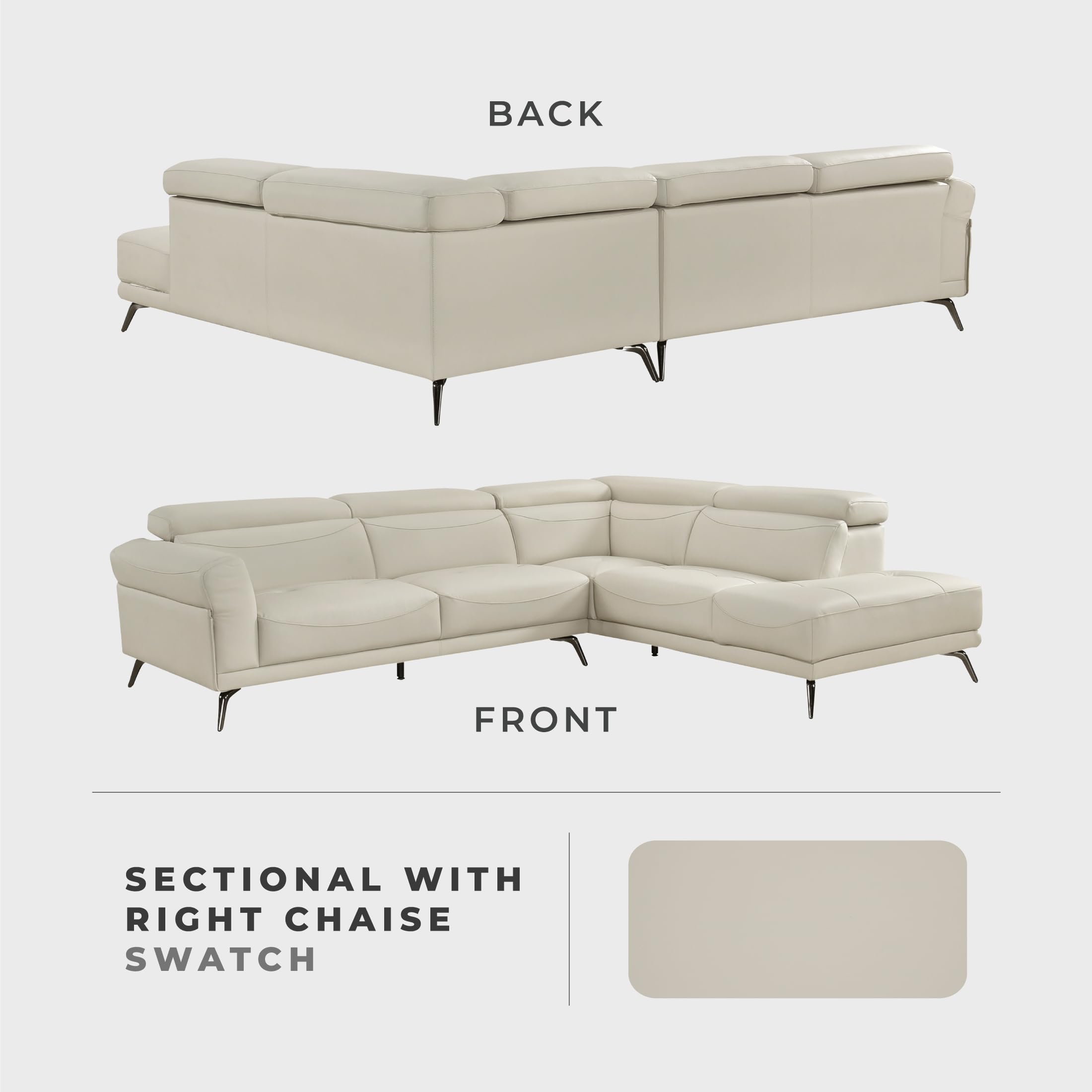 Lexicon L-Shaped Sectional Couch with Right Chaise, Top Grain Leather Match Sectional Sofa, Adjustable Headrests, Black Chrome Metal Legs, High-Density Cushions, Stitching, for Living Room, Beige - Image 4