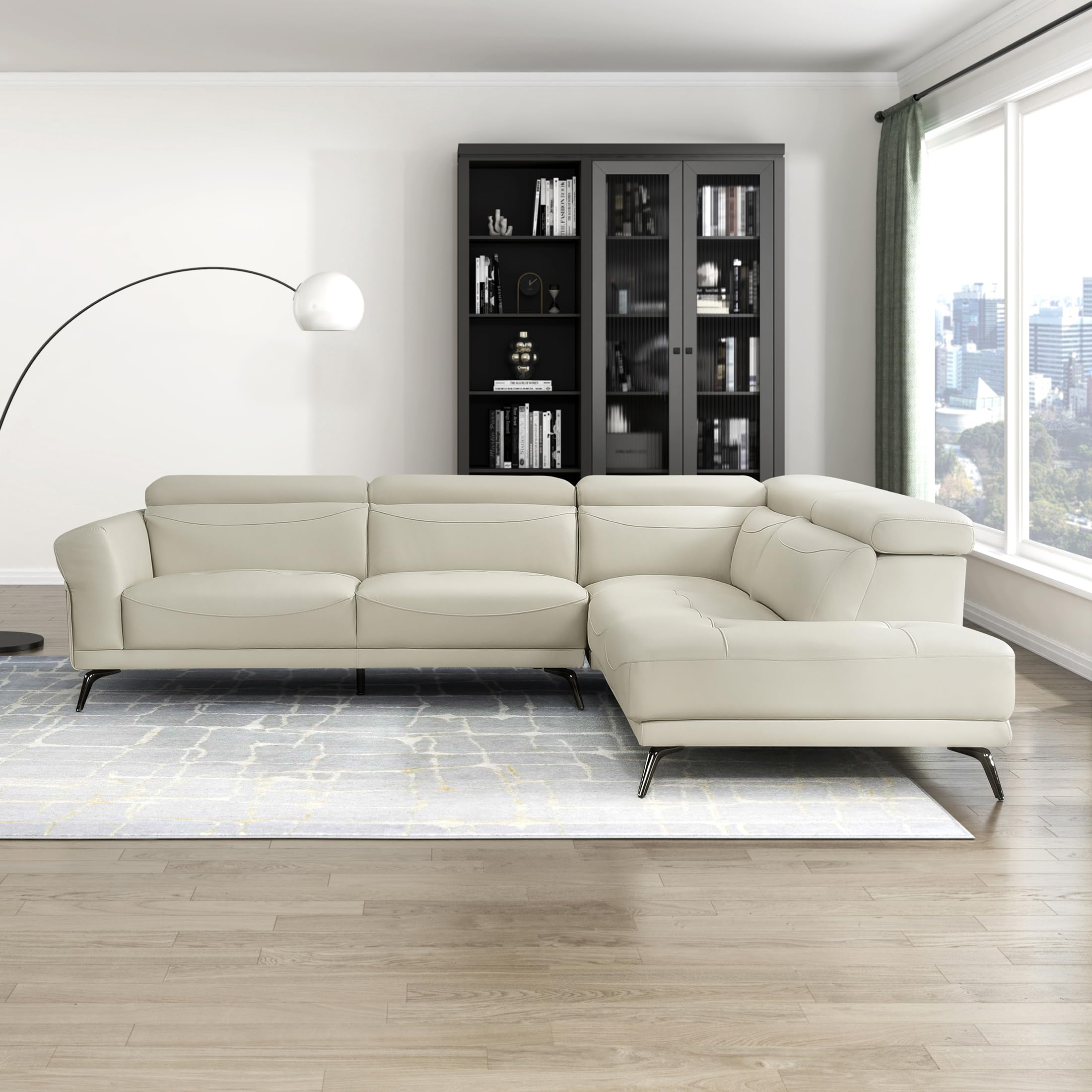 Lexicon L-Shaped Sectional Couch with Right Chaise, Top Grain Leather Match Sectional Sofa, Adjustable Headrests, Black Chrome Metal Legs, High-Density Cushions, Stitching, for Living Room, Beige - Image 5