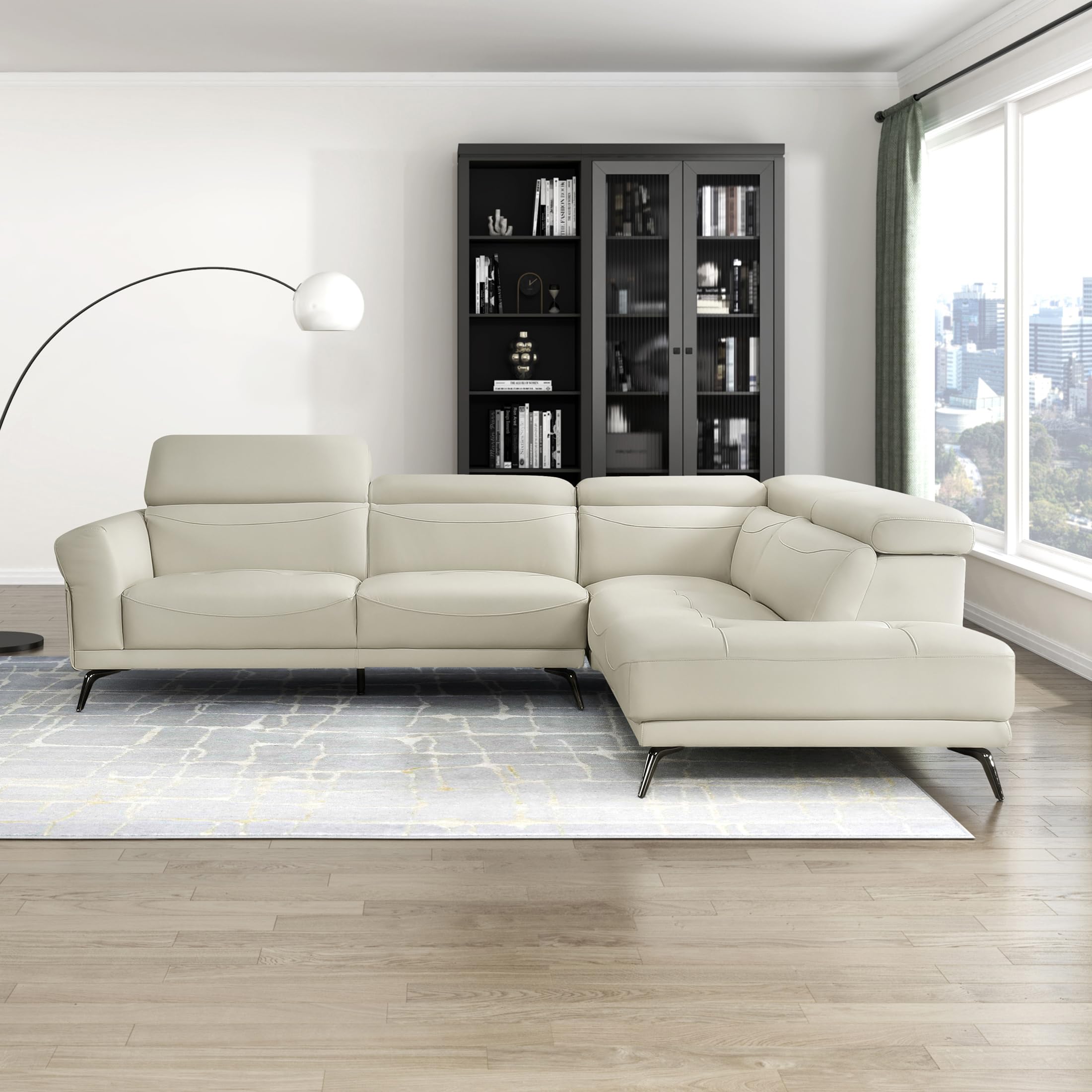 Lexicon L-Shaped Sectional Couch with Right Chaise, Top Grain Leather Match Sectional Sofa, Adjustable Headrests, Black Chrome Metal Legs, High-Density Cushions, Stitching, for Living Room, Beige - Image 6