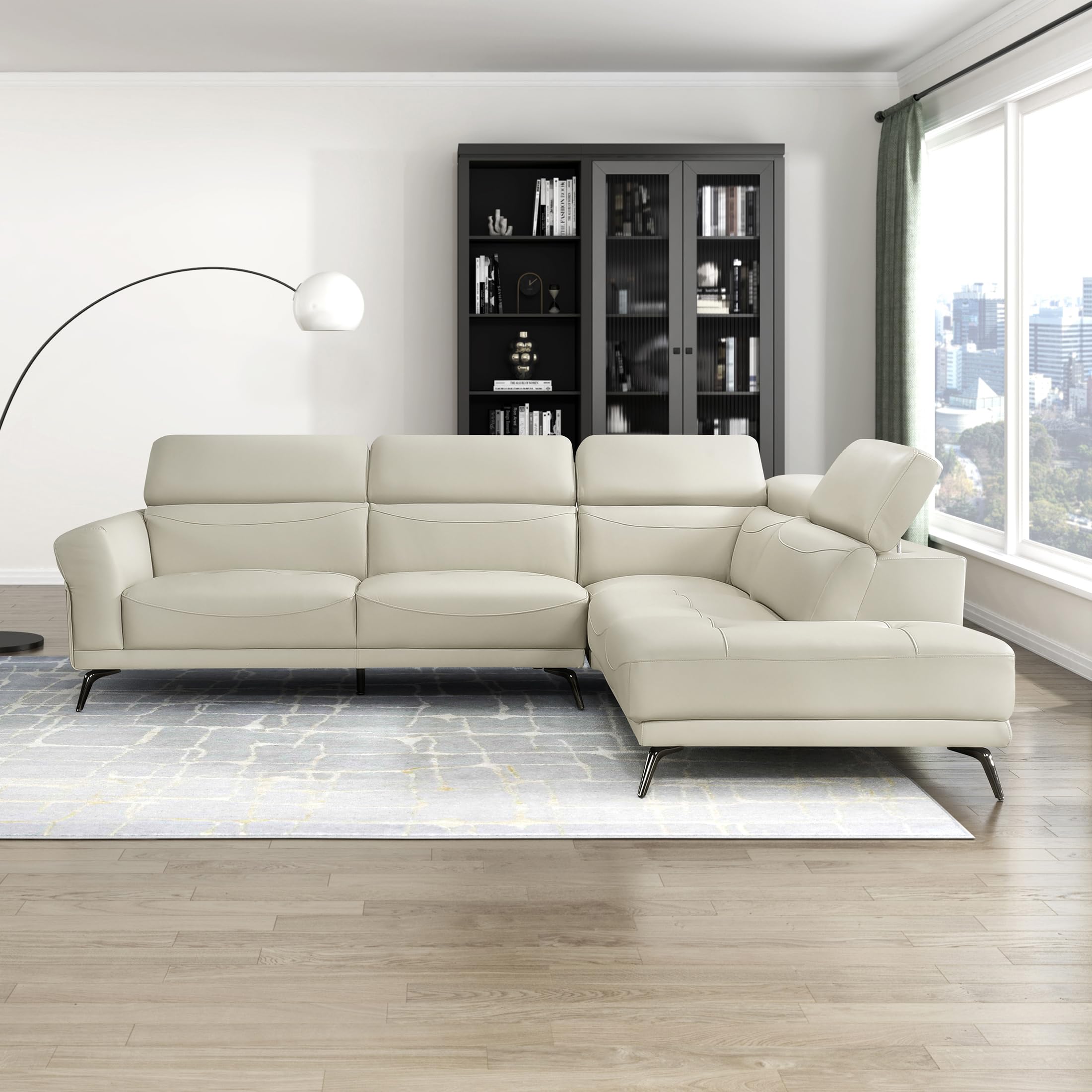 Lexicon L-Shaped Sectional Couch with Right Chaise, Top Grain Leather Match Sectional Sofa, Adjustable Headrests, Black Chrome Metal Legs, High-Density Cushions, Stitching, for Living Room, Beige - Image 7