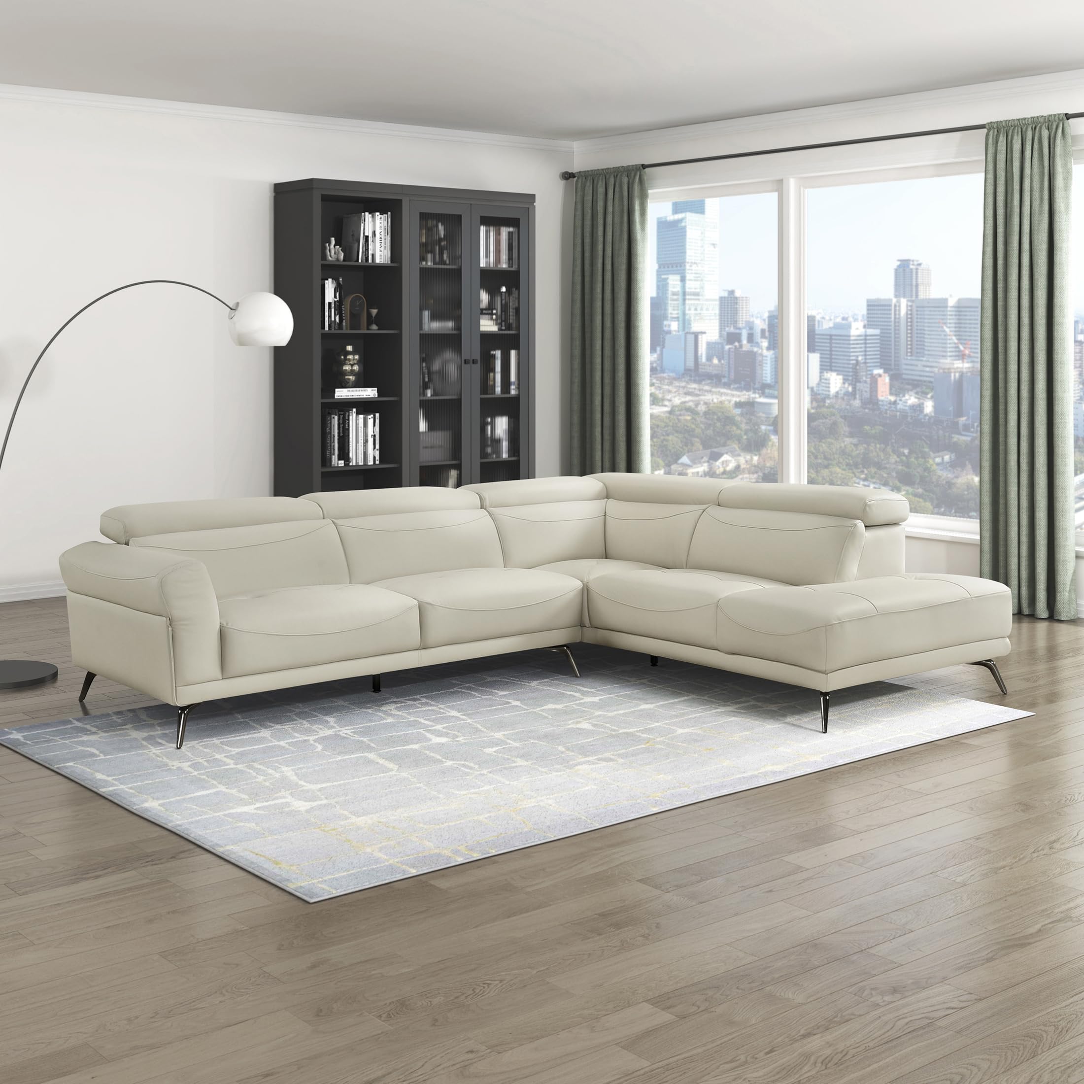 Lexicon L-Shaped Sectional Couch with Right Chaise, Top Grain Leather Match Sectional Sofa, Adjustable Headrests, Black Chrome Metal Legs, High-Density Cushions, Stitching, for Living Room, Beige - Image 8