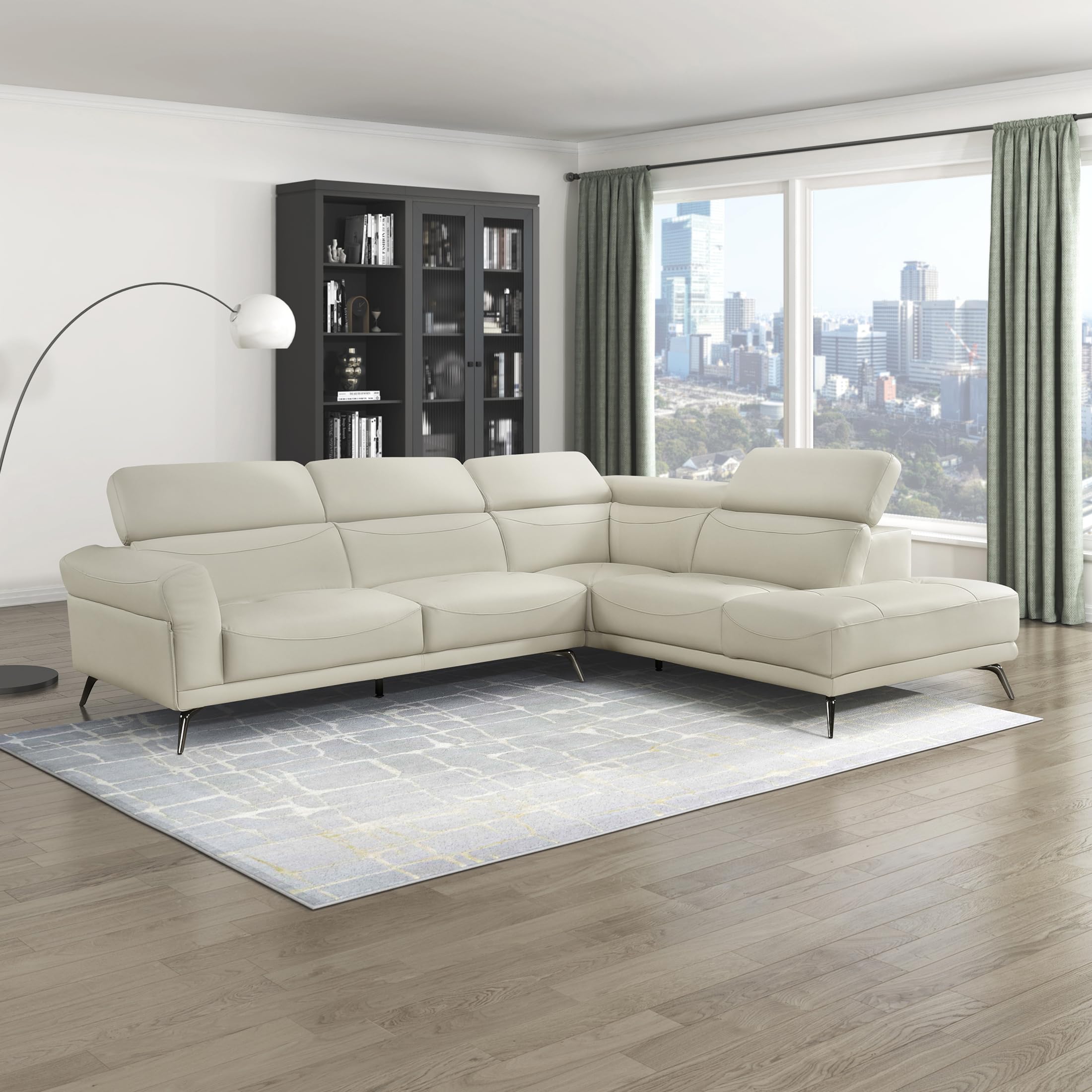 Lexicon L-Shaped Sectional Couch with Right Chaise, Top Grain Leather Match Sectional Sofa, Adjustable Headrests, Black Chrome Metal Legs, High-Density Cushions, Stitching, for Living Room, Beige - Image 9