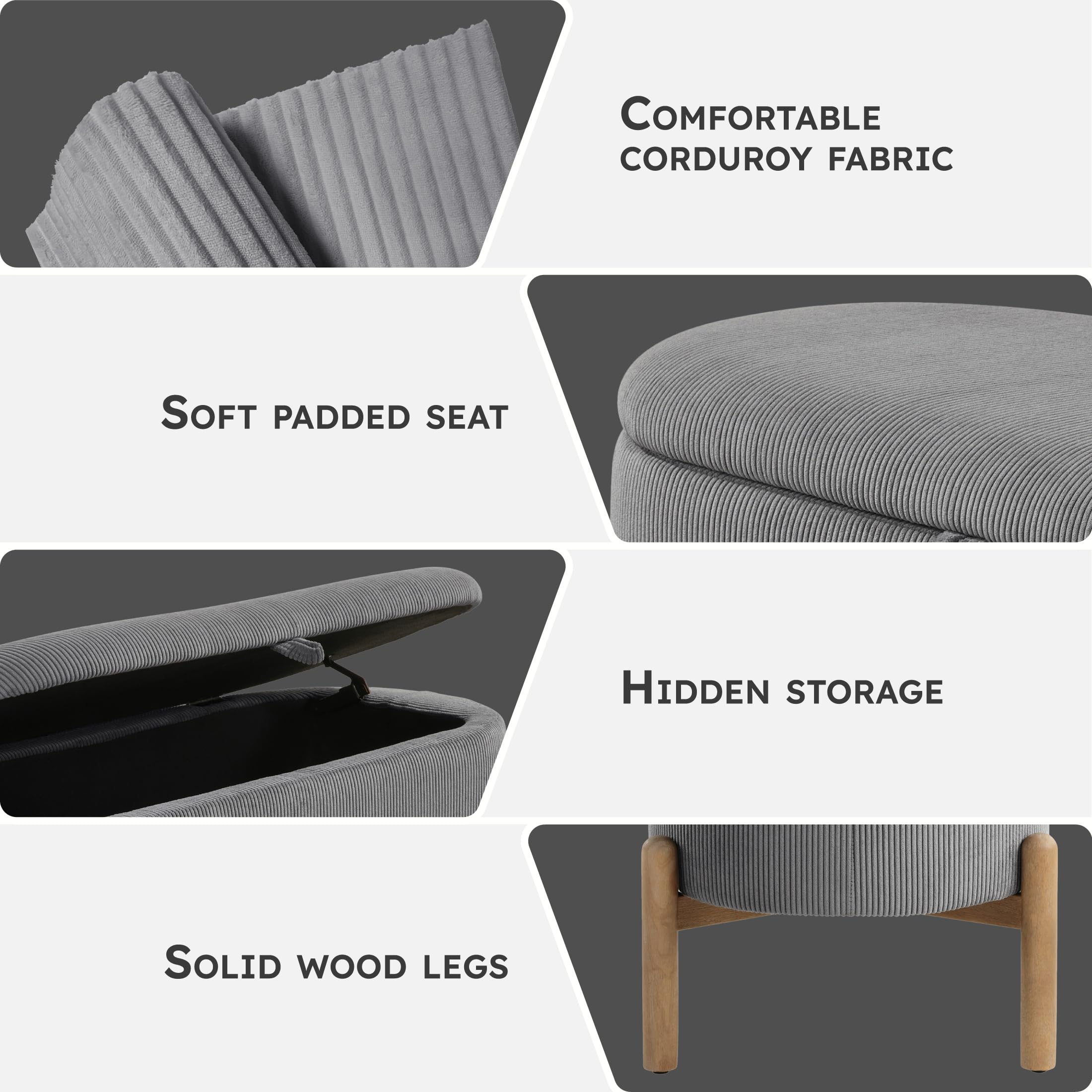 Lexicon Lift Top Storage Bench, Corduroy Upholstered Oval Entryway Bench with Solid Wood Leg Support, Modern Striped Storage Chest for Entryway/Living Room/Bedroom, Gray - Image 3