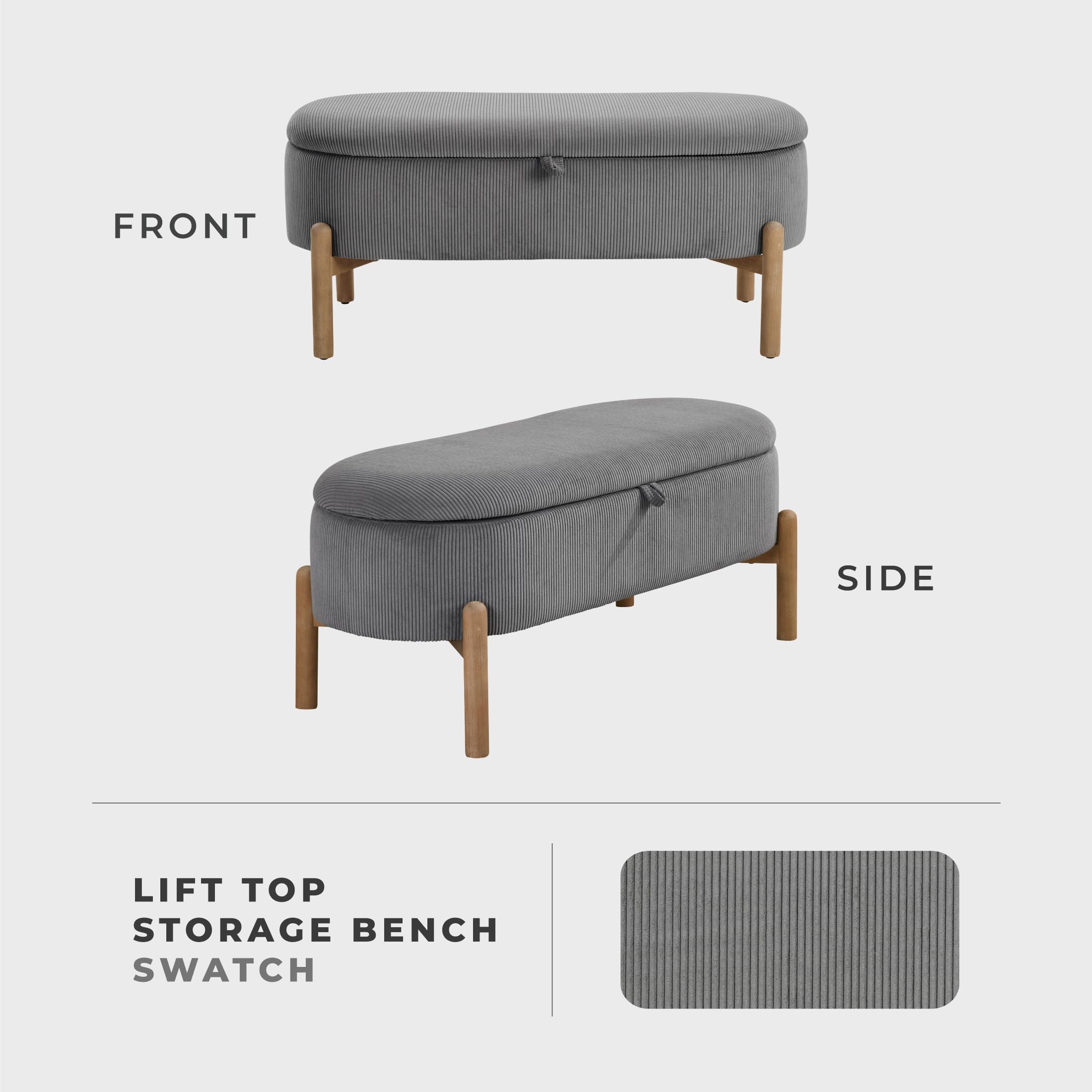 Lexicon Lift Top Storage Bench, Corduroy Upholstered Oval Entryway Bench with Solid Wood Leg Support, Modern Striped Storage Chest for Entryway/Living Room/Bedroom, Gray - Image 4