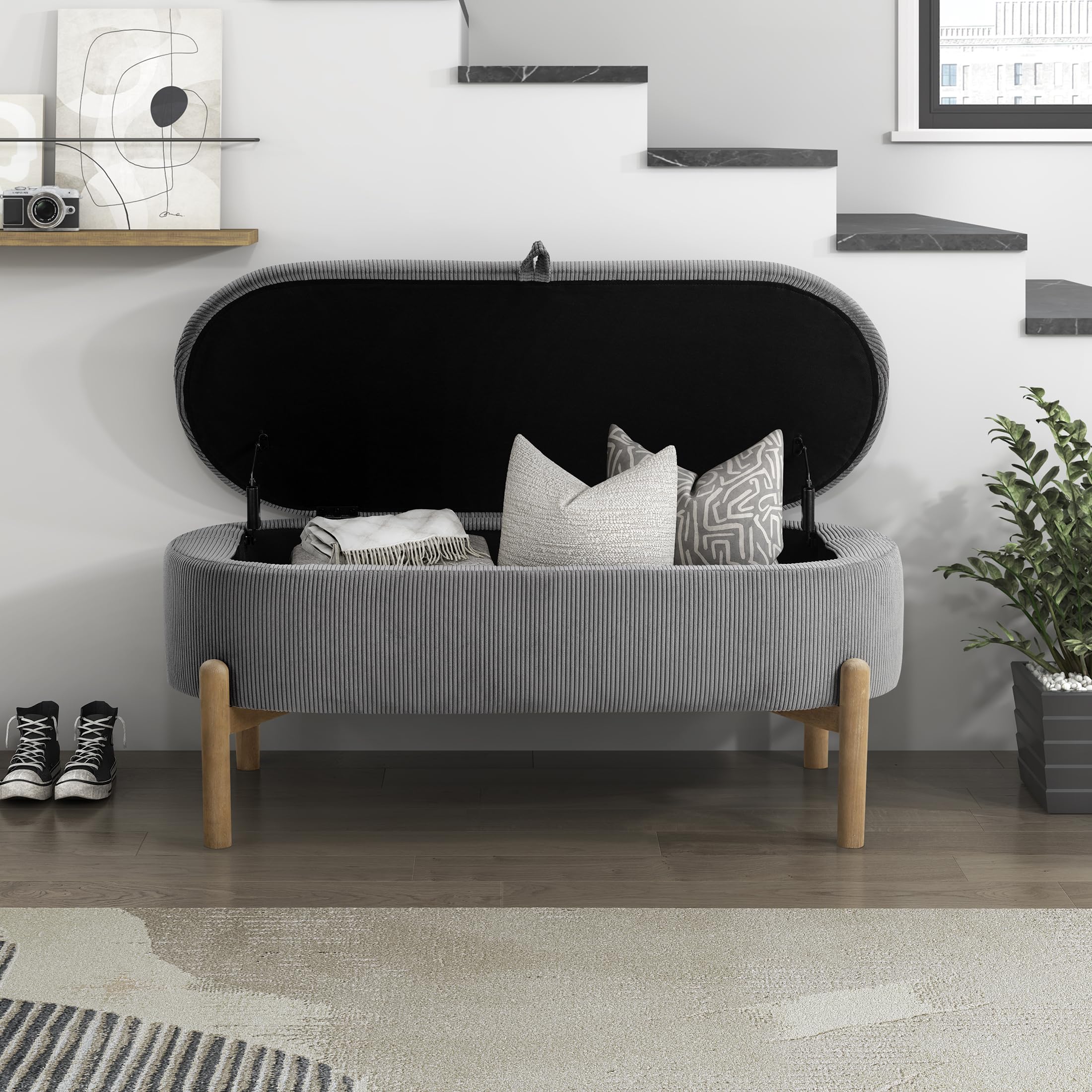 Lexicon Lift Top Storage Bench, Corduroy Upholstered Oval Entryway Bench with Solid Wood Leg Support, Modern Striped Storage Chest for Entryway/Living Room/Bedroom, Gray - Image 5