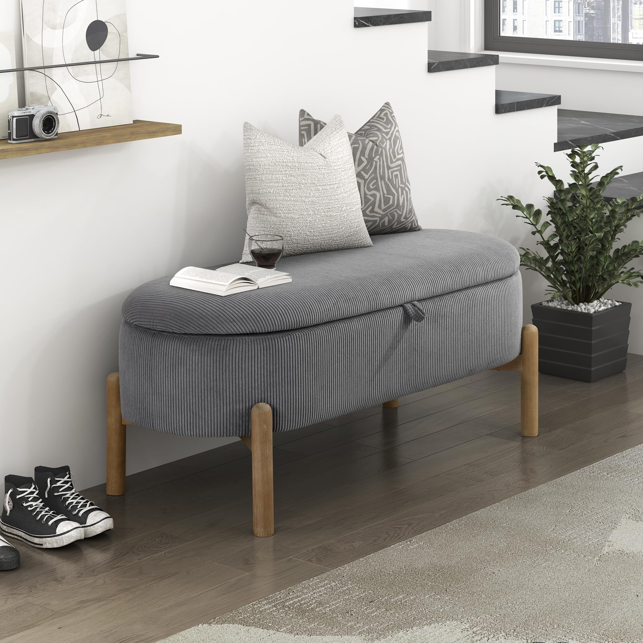 Lexicon Lift Top Storage Bench, Corduroy Upholstered Oval Entryway Bench with Solid Wood Leg Support, Modern Striped Storage Chest for Entryway/Living Room/Bedroom, Gray - Image 6
