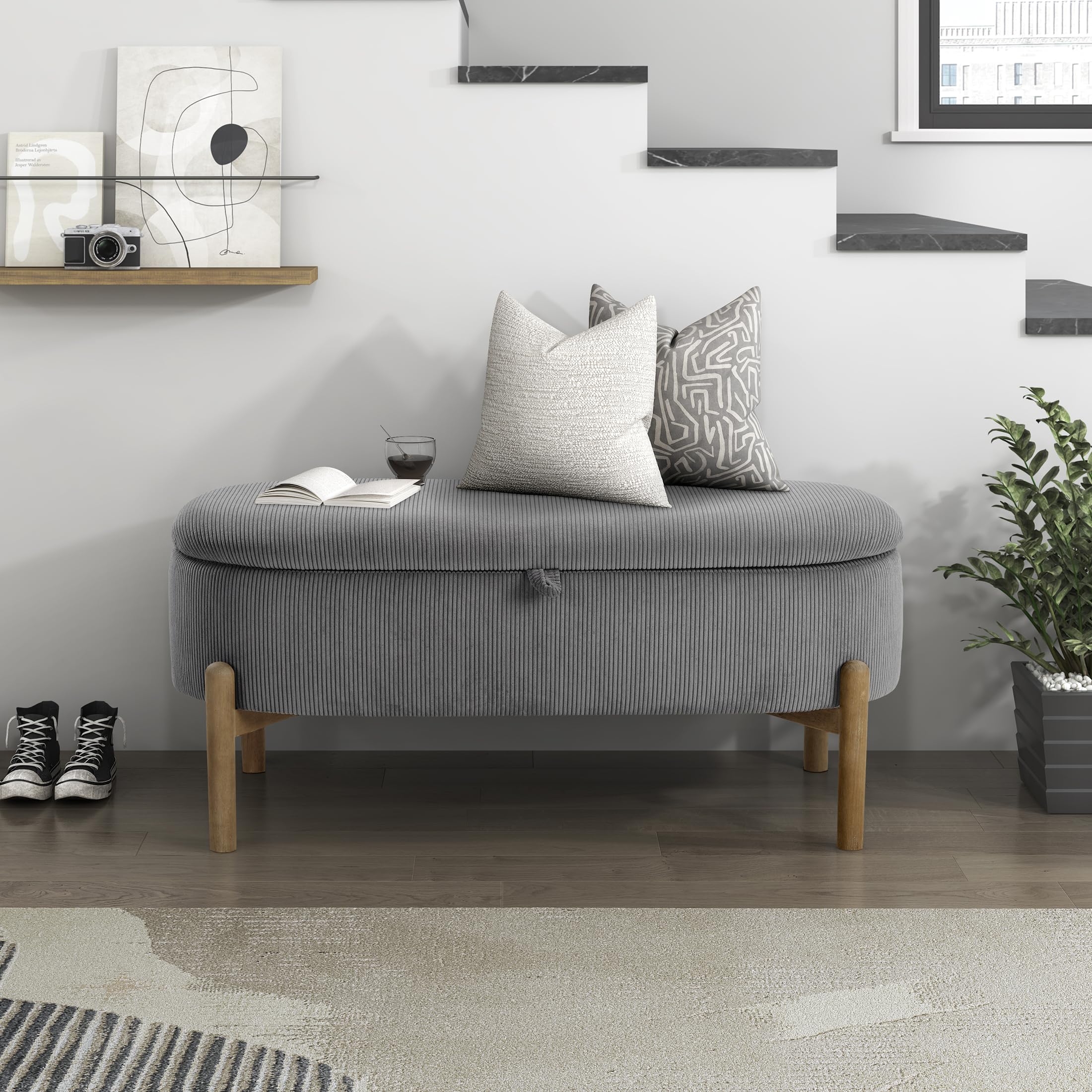 Lexicon Lift Top Storage Bench, Corduroy Upholstered Oval Entryway Bench with Solid Wood Leg Support, Modern Striped Storage Chest for Entryway/Living Room/Bedroom, Gray - Image 7