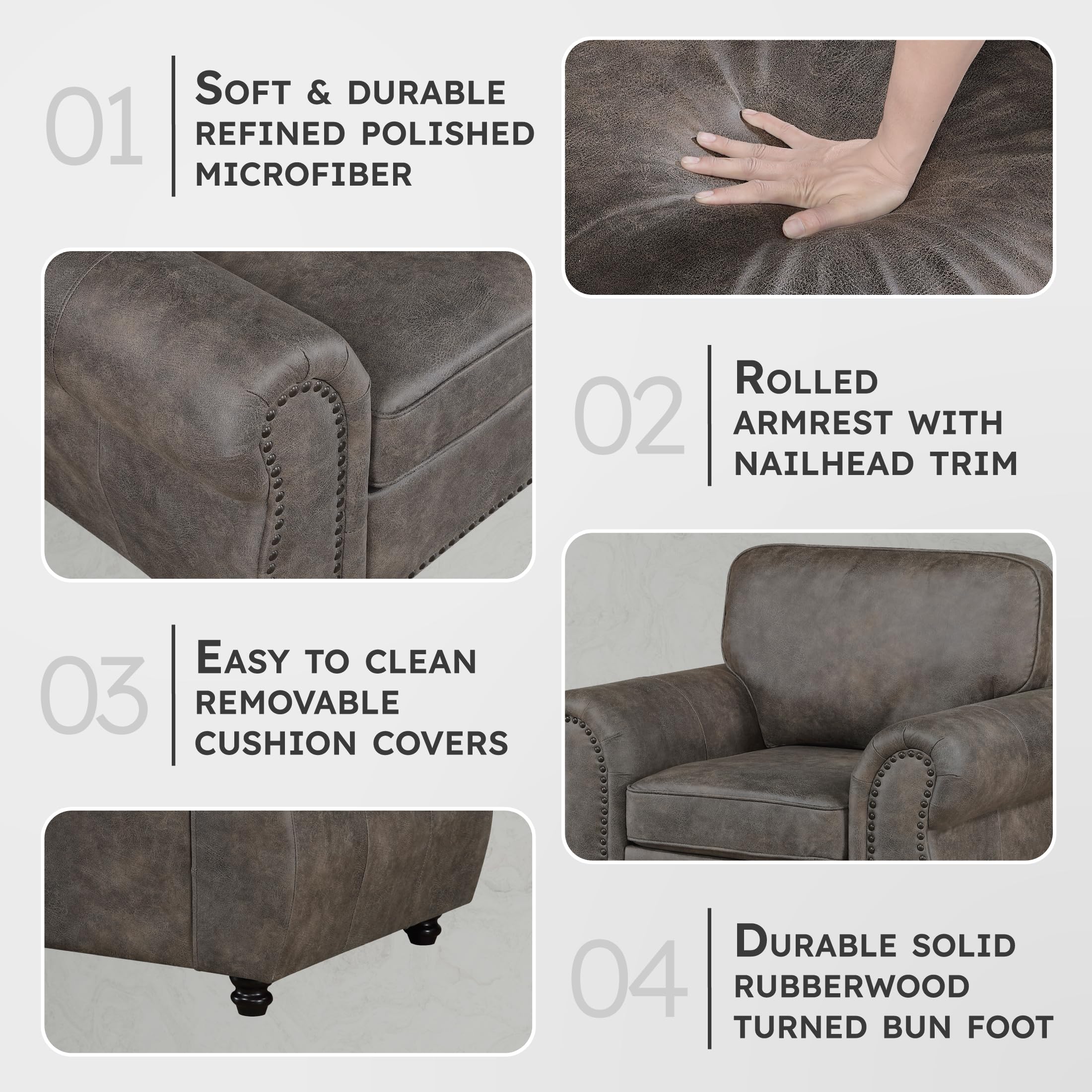Lexicon Living Room Accent Chair - Polished Microfiber Upholstered Armchair, Rolled Arms, Reversible Cushions, Removable Cushion Covers, Comfy Chair for Bedroom/Office/Apartment, Brownish Gray - Image 3