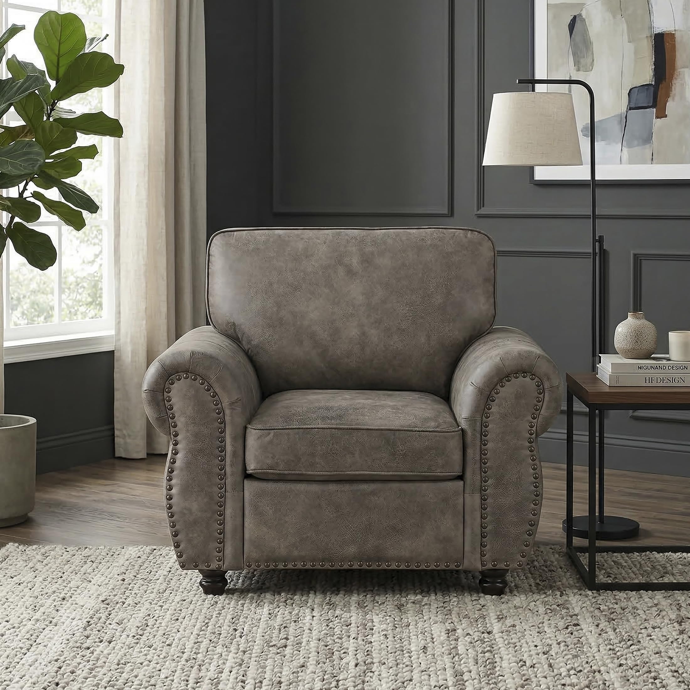 Lexicon Living Room Accent Chair - Polished Microfiber Upholstered Armchair, Rolled Arms, Reversible Cushions, Removable Cushion Covers, Comfy Chair for Bedroom/Office/Apartment, Brownish Gray - Image 6