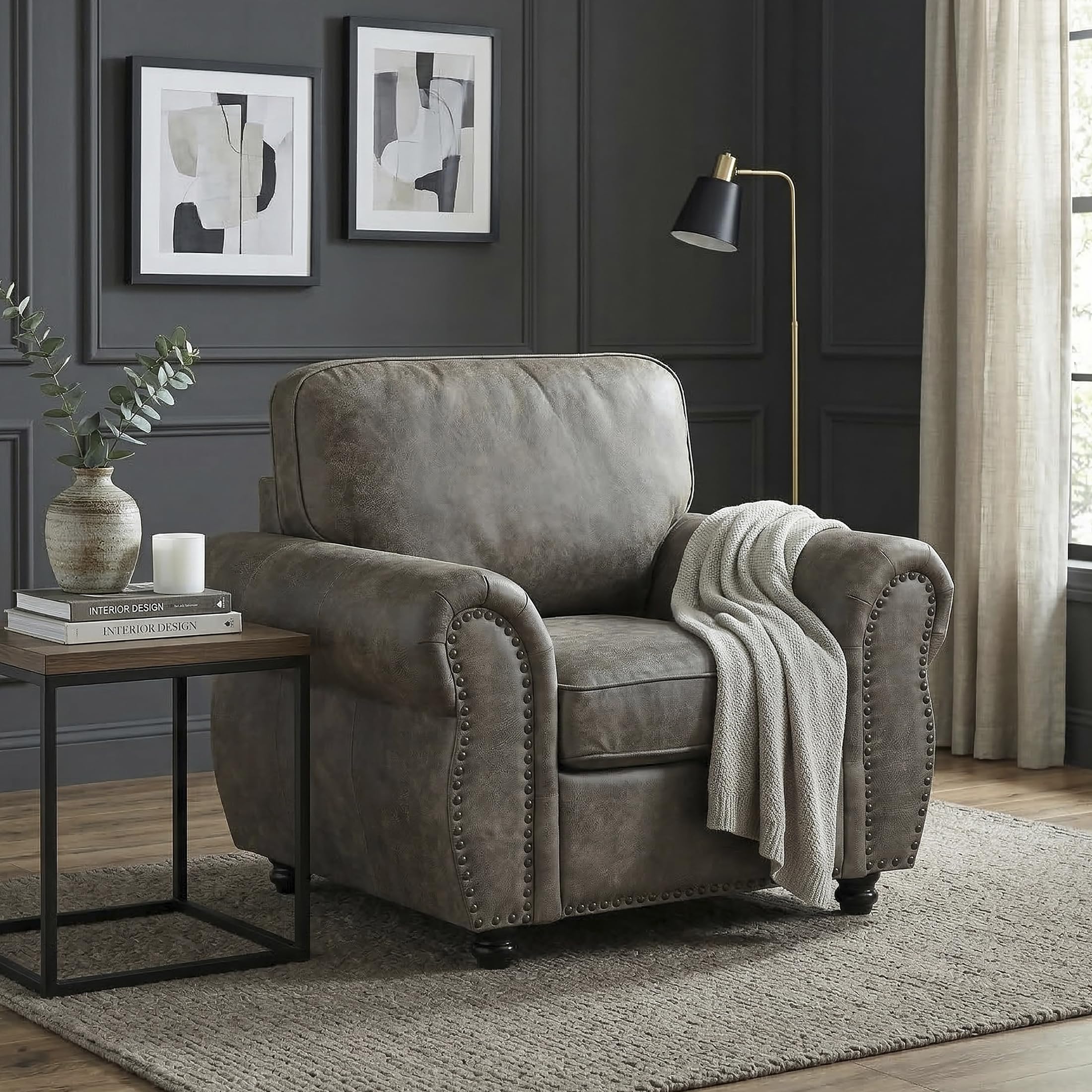 Lexicon Living Room Accent Chair - Polished Microfiber Upholstered Armchair, Rolled Arms, Reversible Cushions, Removable Cushion Covers, Comfy Chair for Bedroom/Office/Apartment, Brownish Gray - Image 7