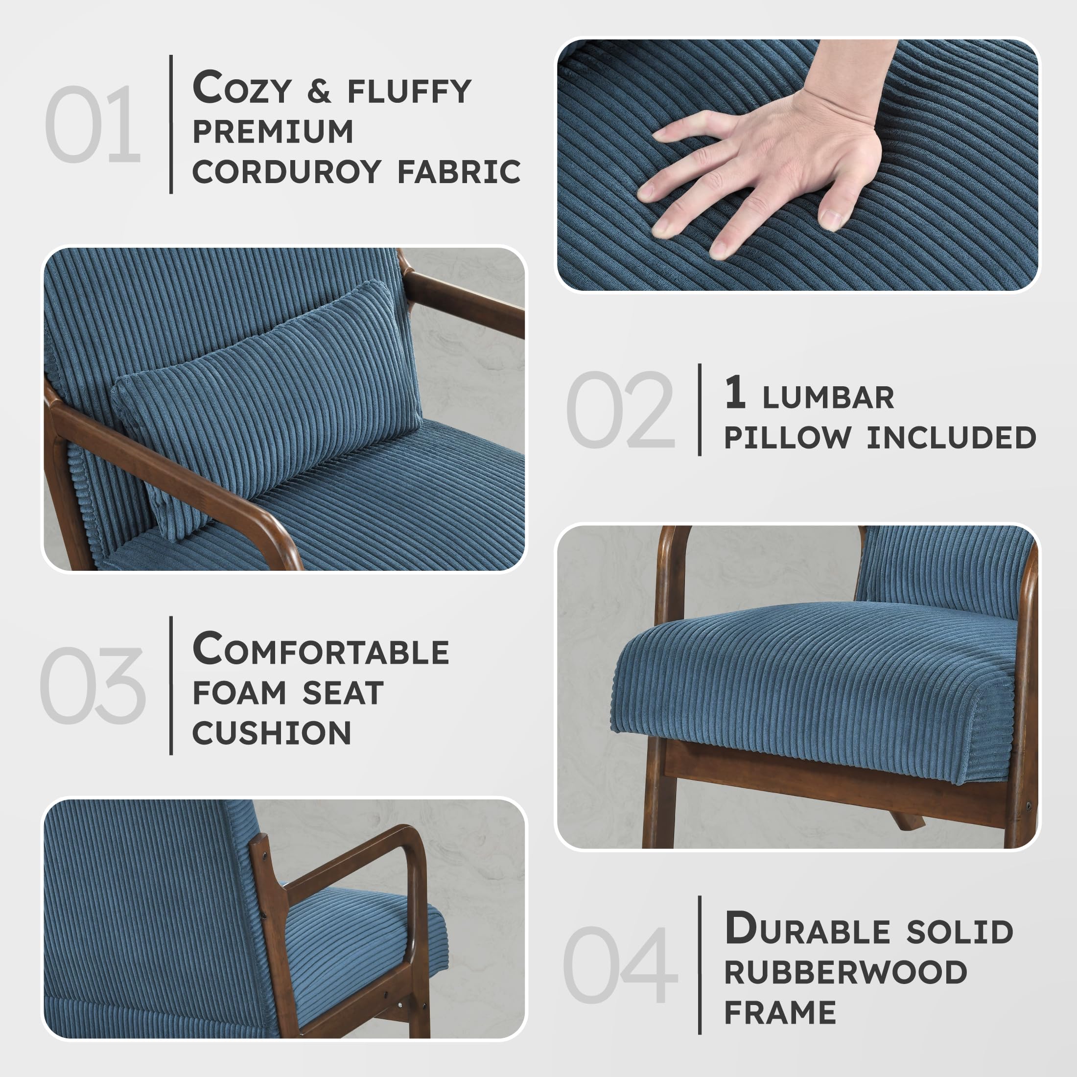Lexicon Mid Century Modern Accent Chair-with Solid Wood Armrests and Legs, 1 Lumbar Pillow, Cushioned Seat and Backrest, Corduroy Comfy Lounge Arm Chair for Living Room, Bedroom, Office, Blue - Image 3