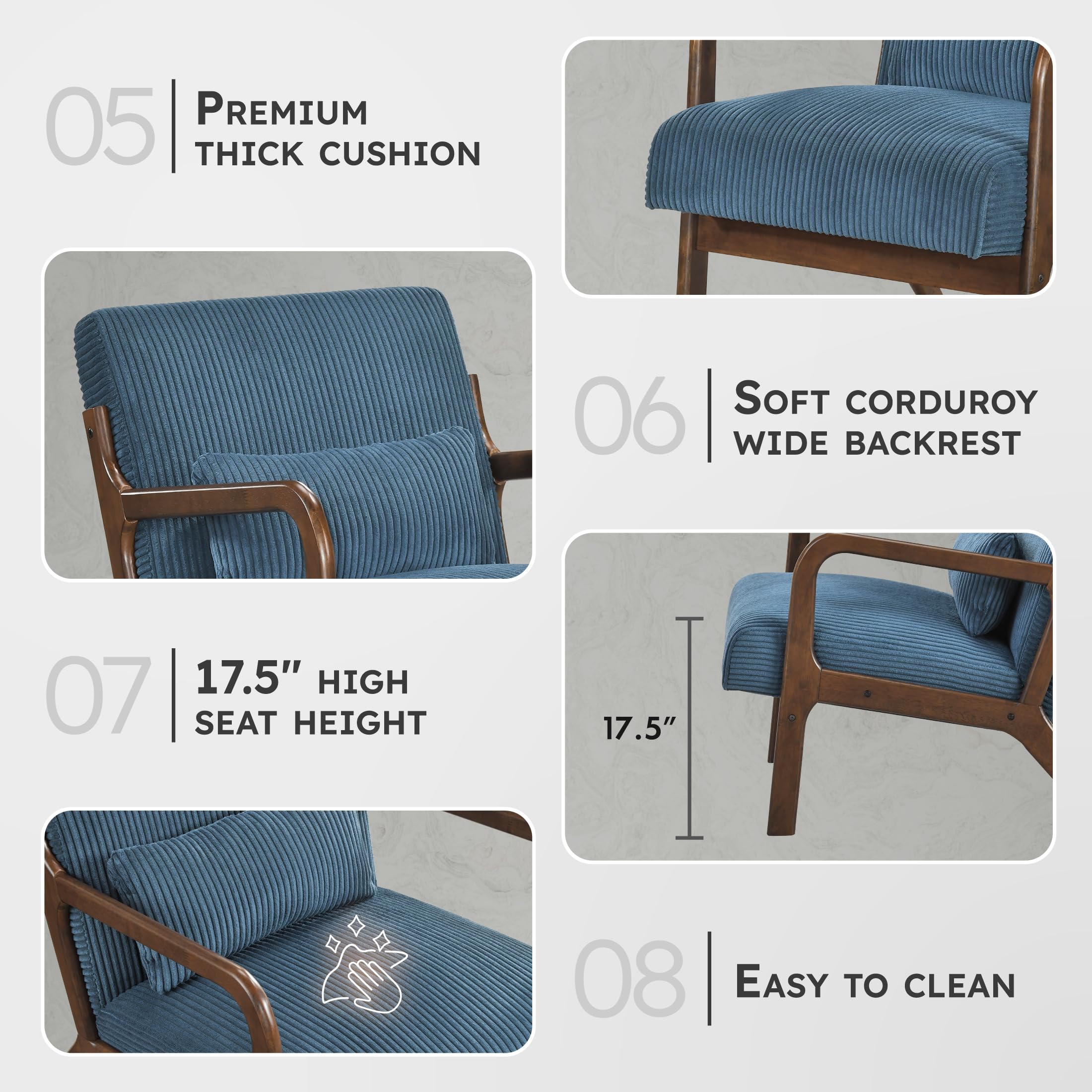 Lexicon Mid Century Modern Accent Chair-with Solid Wood Armrests and Legs, 1 Lumbar Pillow, Cushioned Seat and Backrest, Corduroy Comfy Lounge Arm Chair for Living Room, Bedroom, Office, Blue - Image 4