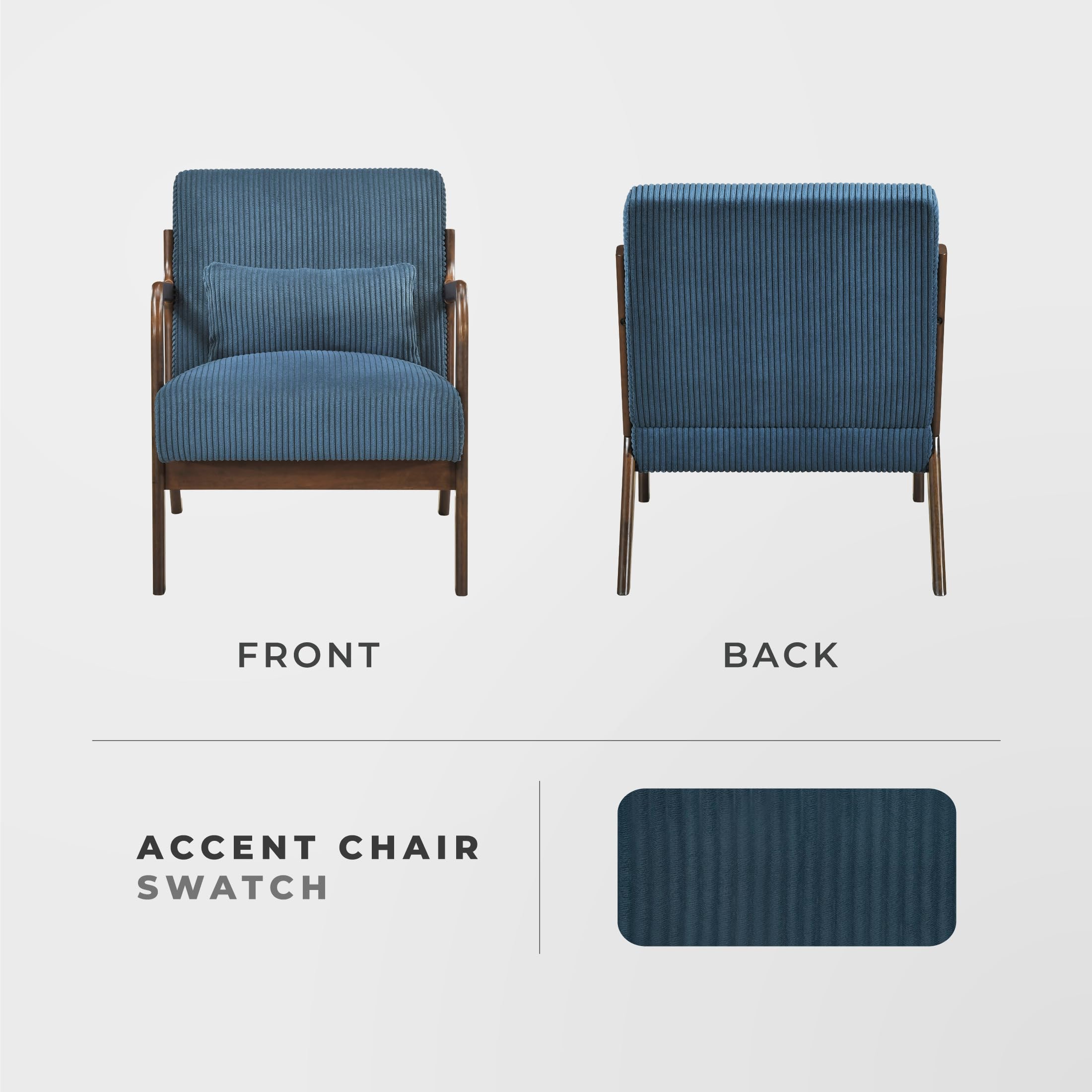 Lexicon Mid Century Modern Accent Chair-with Solid Wood Armrests and Legs, 1 Lumbar Pillow, Cushioned Seat and Backrest, Corduroy Comfy Lounge Arm Chair for Living Room, Bedroom, Office, Blue - Image 5