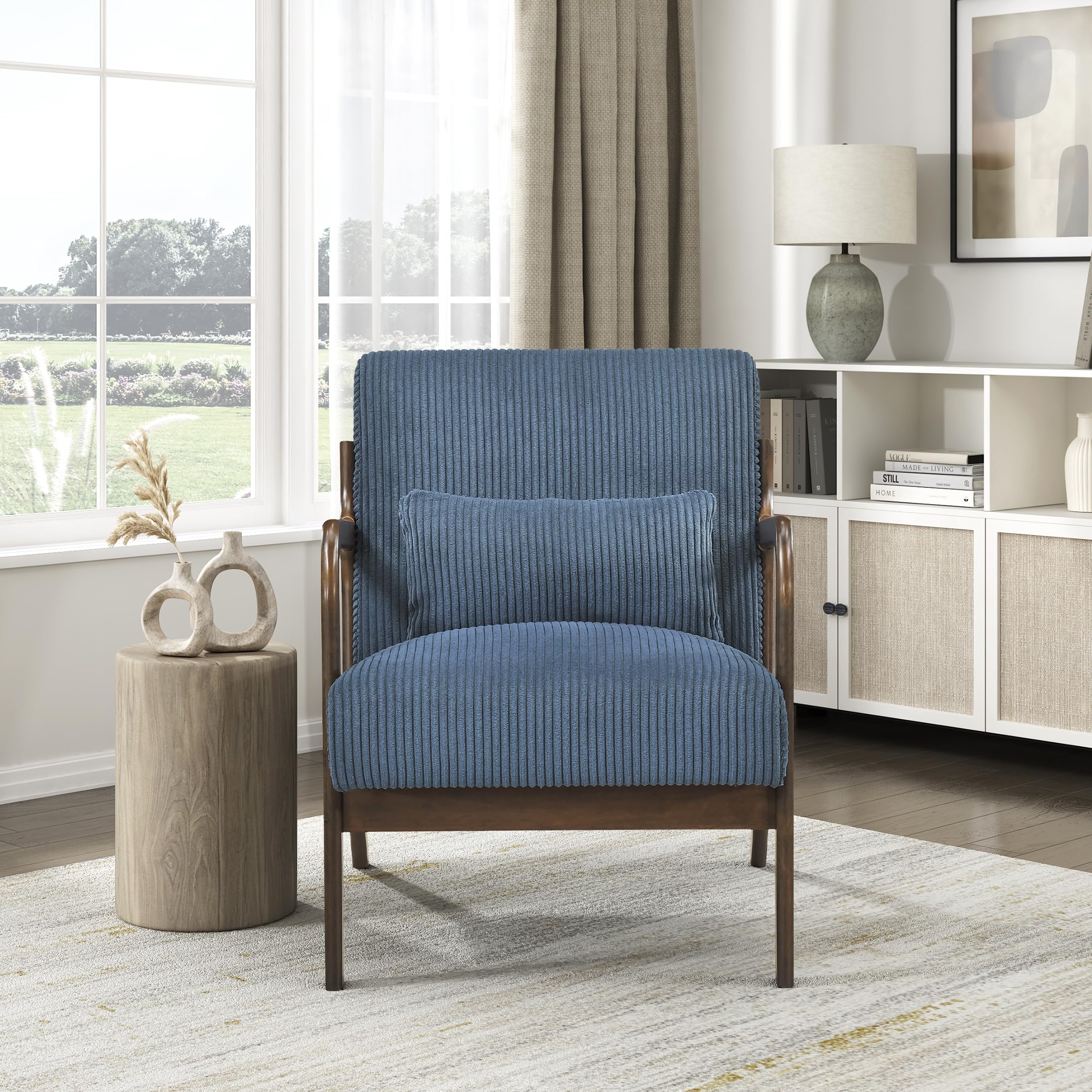 Lexicon Mid Century Modern Accent Chair-with Solid Wood Armrests and Legs, 1 Lumbar Pillow, Cushioned Seat and Backrest, Corduroy Comfy Lounge Arm Chair for Living Room, Bedroom, Office, Blue - Image 6