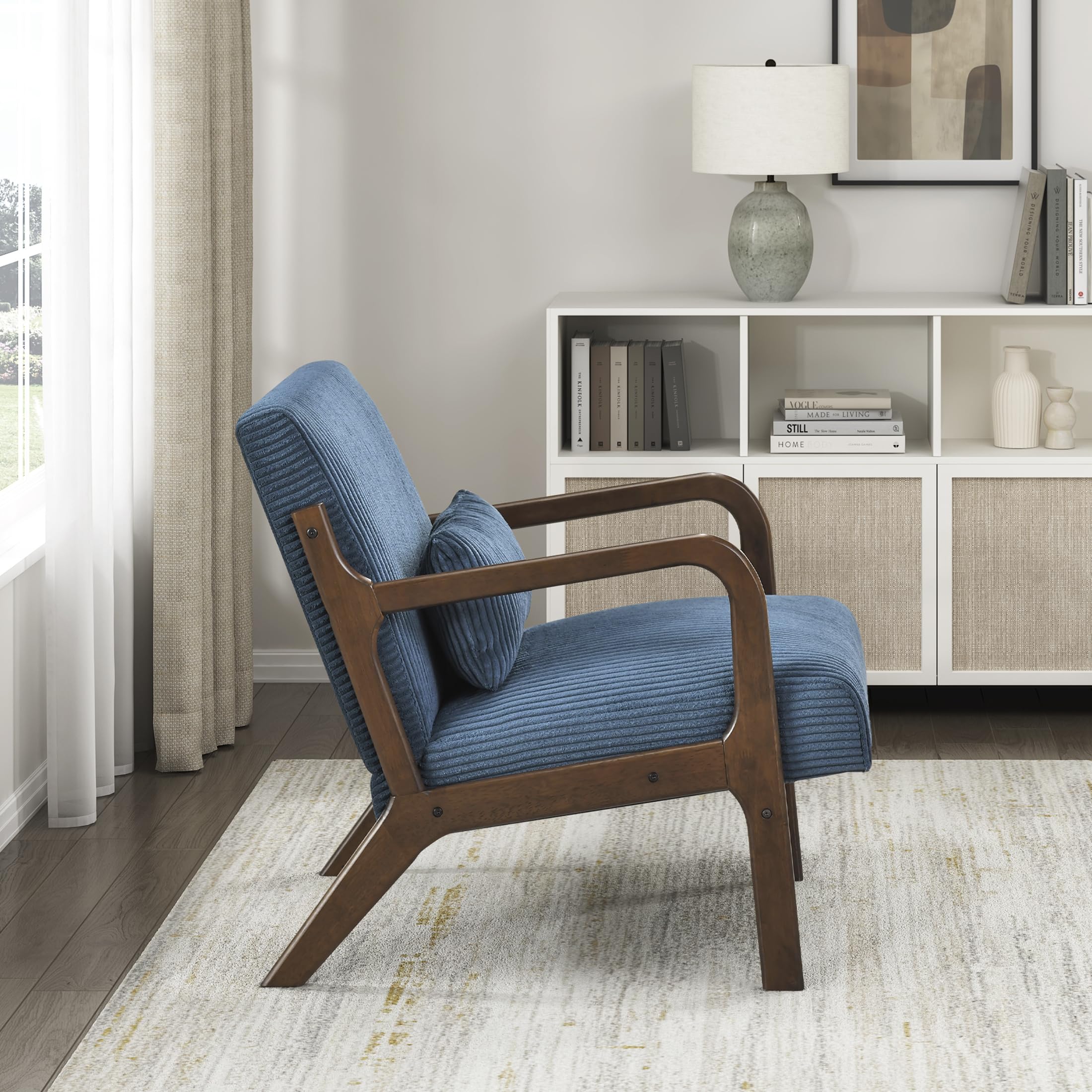 Lexicon Mid Century Modern Accent Chair-with Solid Wood Armrests and Legs, 1 Lumbar Pillow, Cushioned Seat and Backrest, Corduroy Comfy Lounge Arm Chair for Living Room, Bedroom, Office, Blue - Image 7
