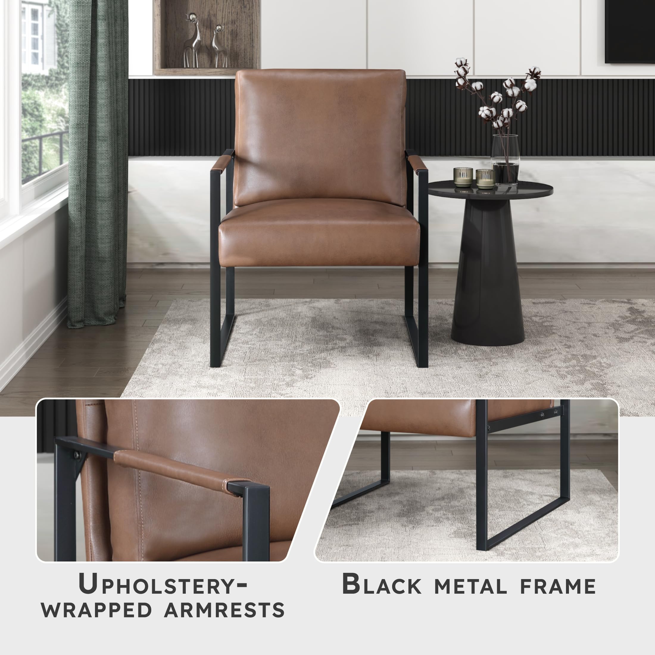 Lexicon Modern Accent Chair, Faux Leather Upholstered Living Room Chair with Wrapped Armrests, Arm Chair with Black Metal Frame, Comfy Single Chair for Living Room/Bedroom/Reading Room/Office, Brown - Image 3