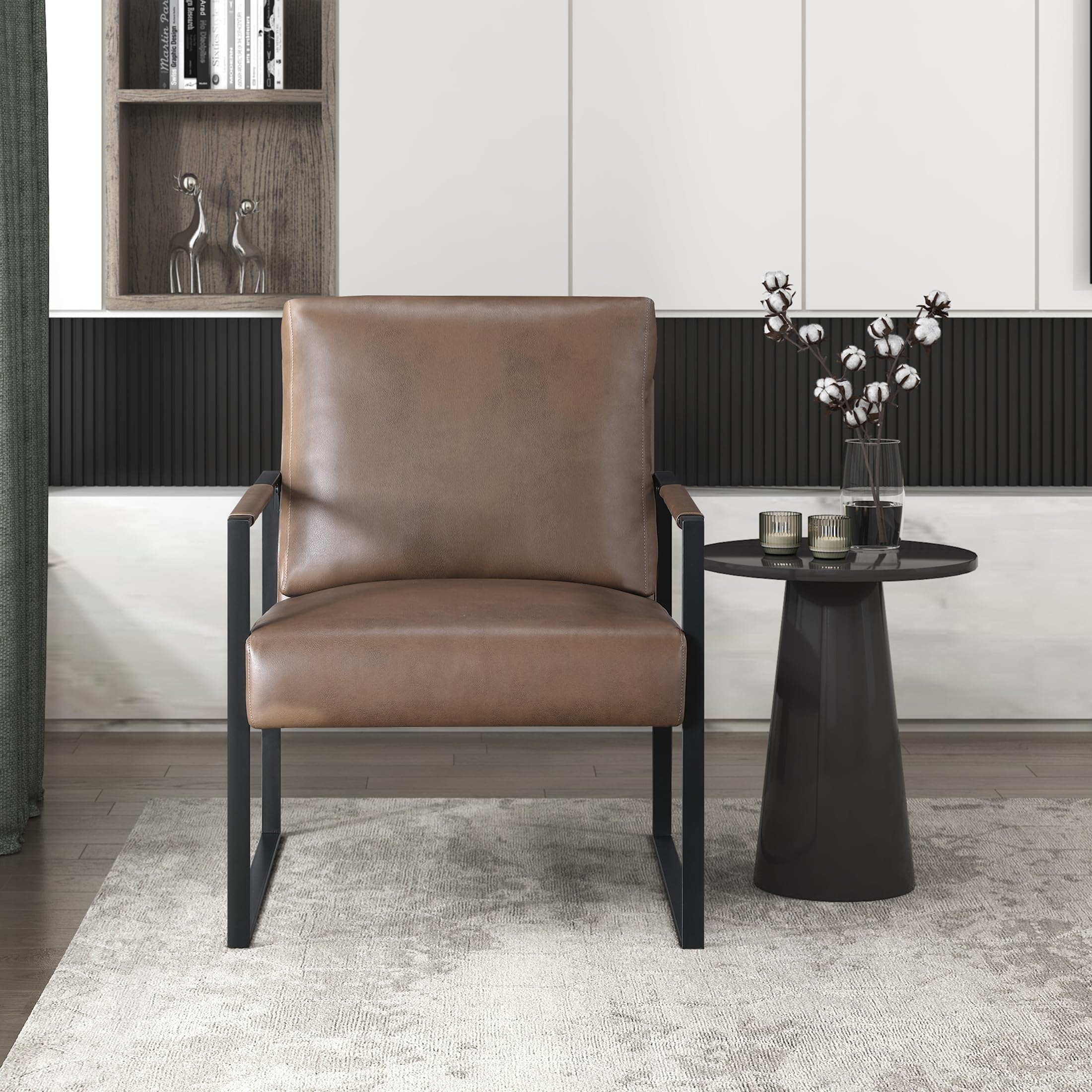 Lexicon Modern Accent Chair, Faux Leather Upholstered Living Room Chair with Wrapped Armrests, Arm Chair with Black Metal Frame, Comfy Single Chair for Living Room/Bedroom/Reading Room/Office, Brown - Image 5