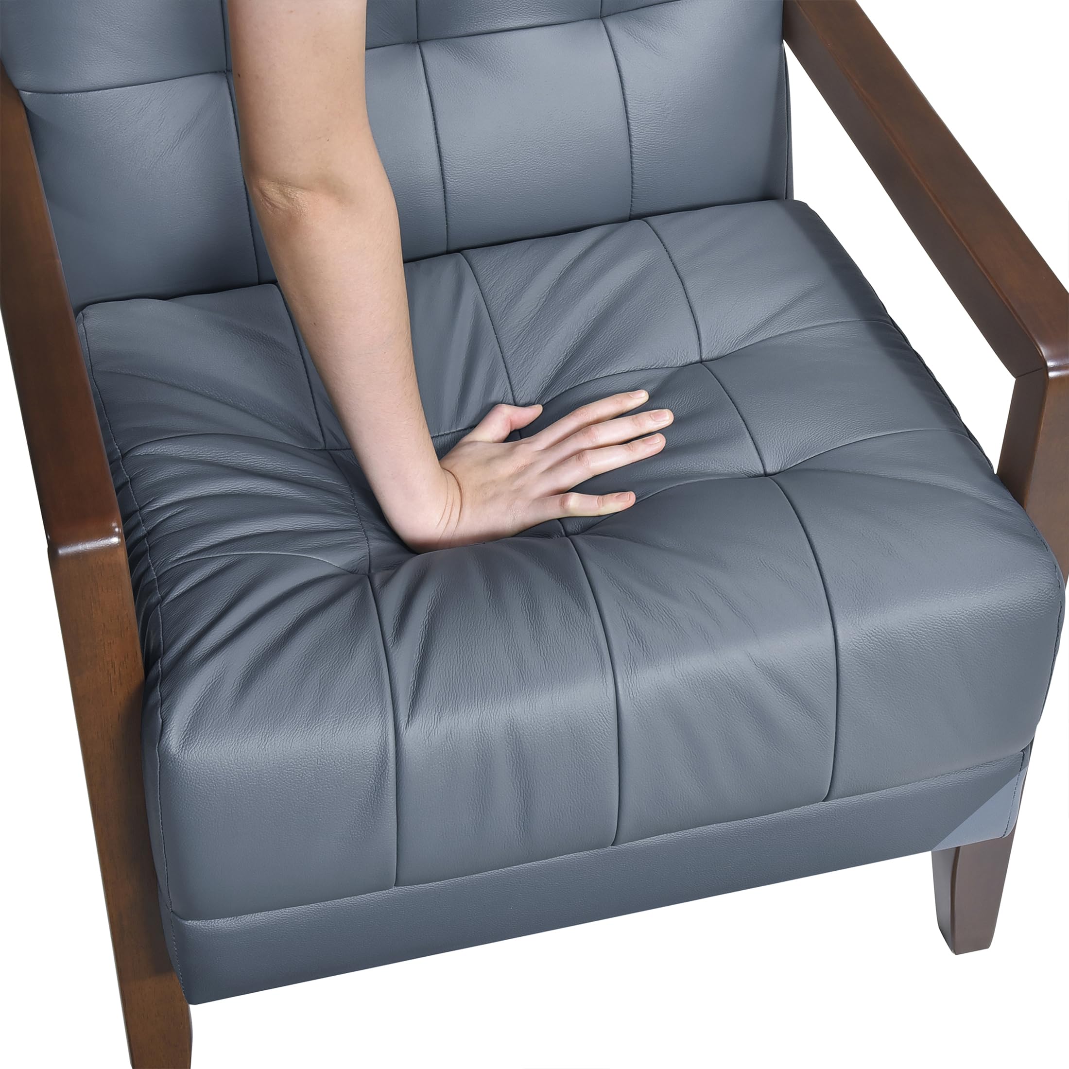 Lexicon Modern Accent Chair, Luxury Genuine Leather Match Living Room Chair with Tufted Cushions, Solid Wood Frame and Arm Rest, Comfy Upholstered Single Seat for Bedroom/Reading/Office, Blue - Image 10