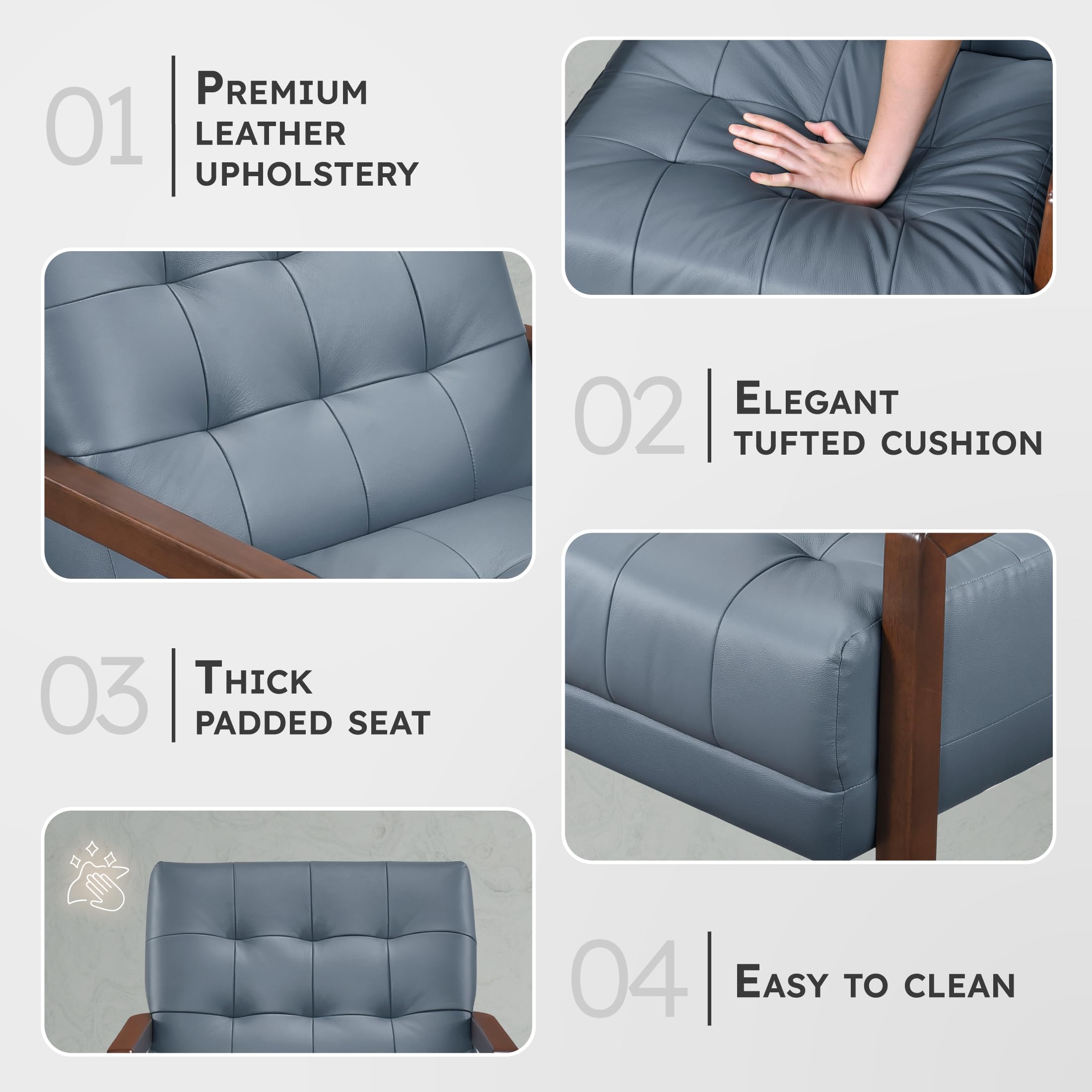 Lexicon Modern Accent Chair, Luxury Genuine Leather Match Living Room Chair with Tufted Cushions, Solid Wood Frame and Arm Rest, Comfy Upholstered Single Seat for Bedroom/Reading/Office, Blue - Image 3